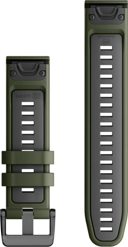 Zwei Armbänder: olivgrün, schwarze Details. QuickFit 22 Etikett.
