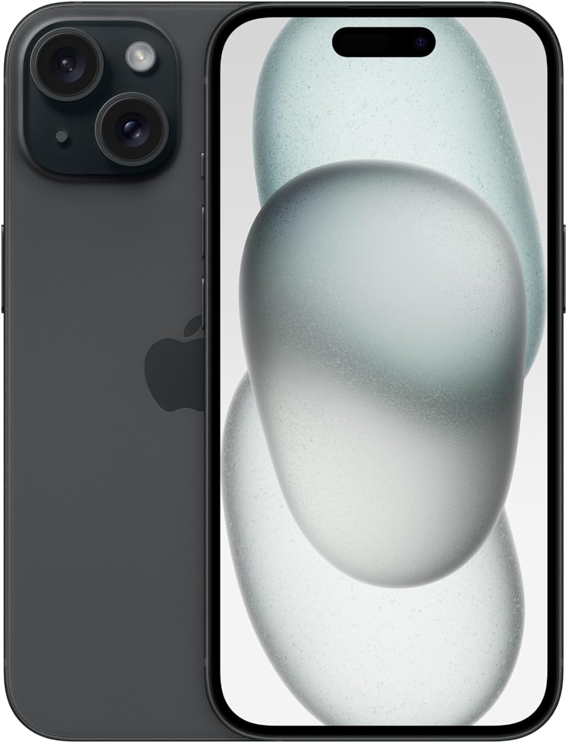 Smartphone negro con tres cámaras, la pantalla muestra formas abstractas azules y blancas.