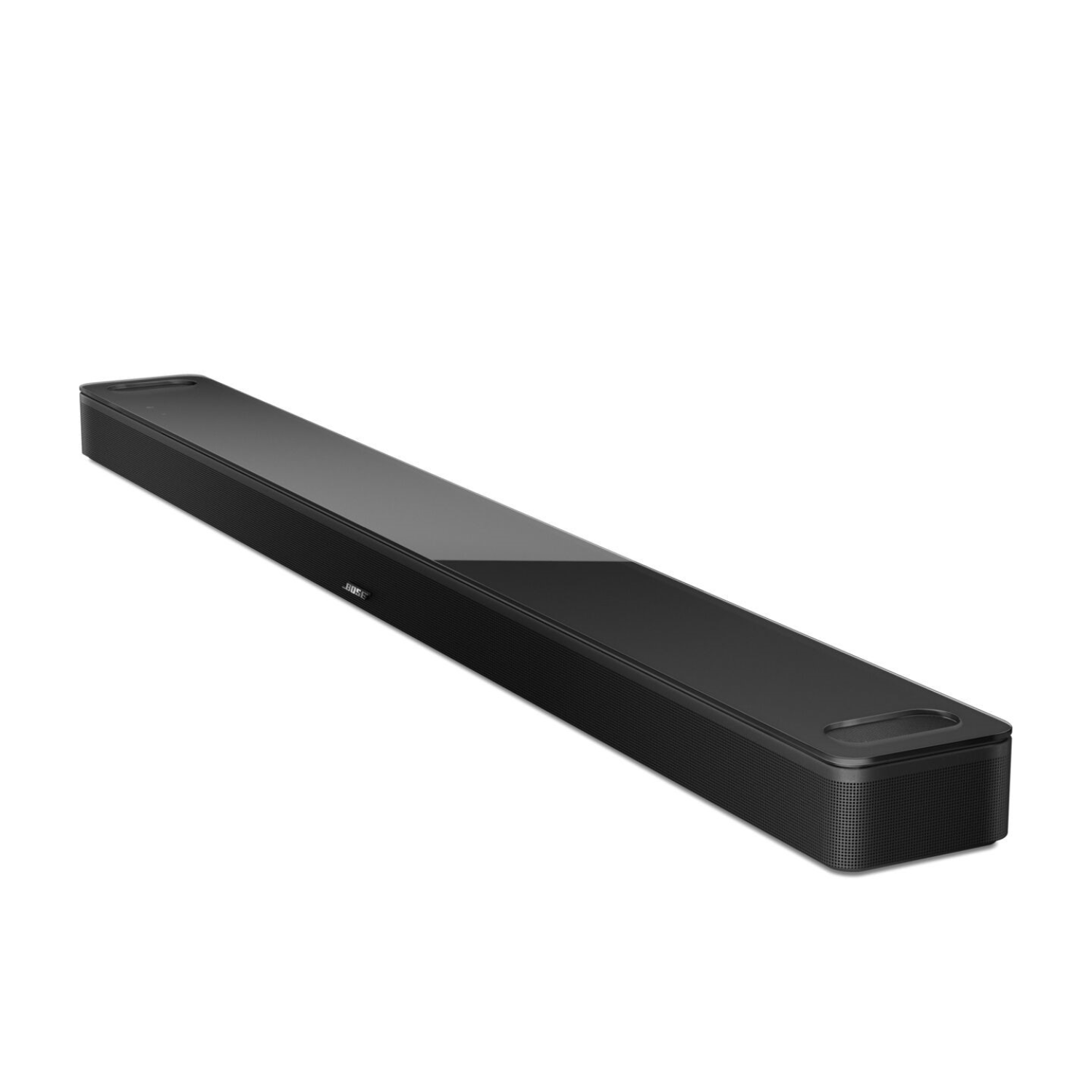 Black soundbar on white background, angled and showing the top.