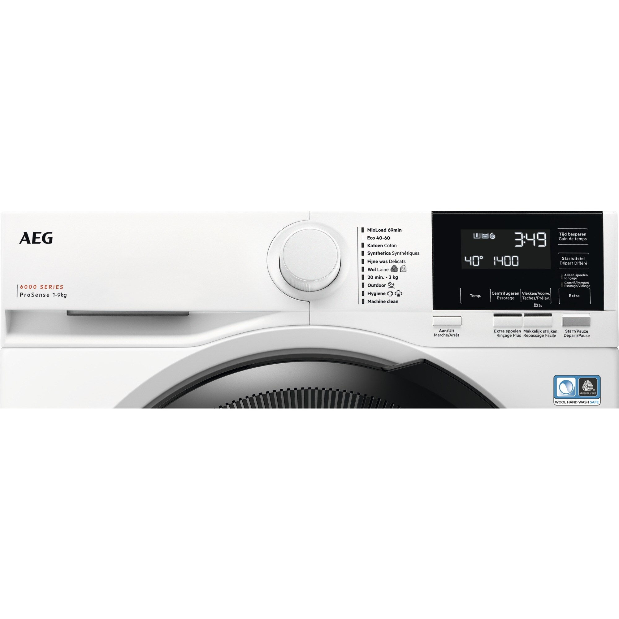 Washing machine control panel with dial and display.