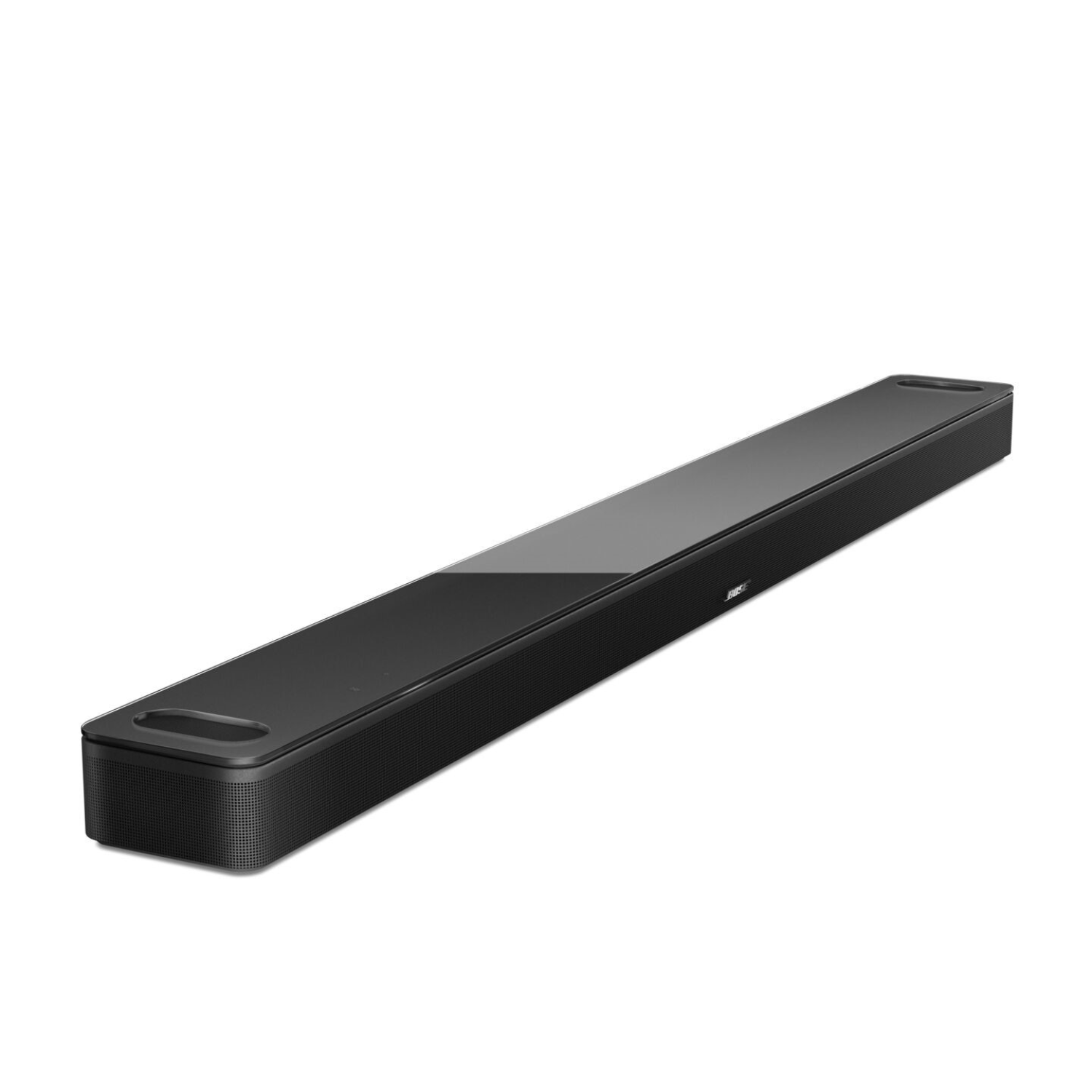 A black soundbar with a glossy top surface, angled on a white background.