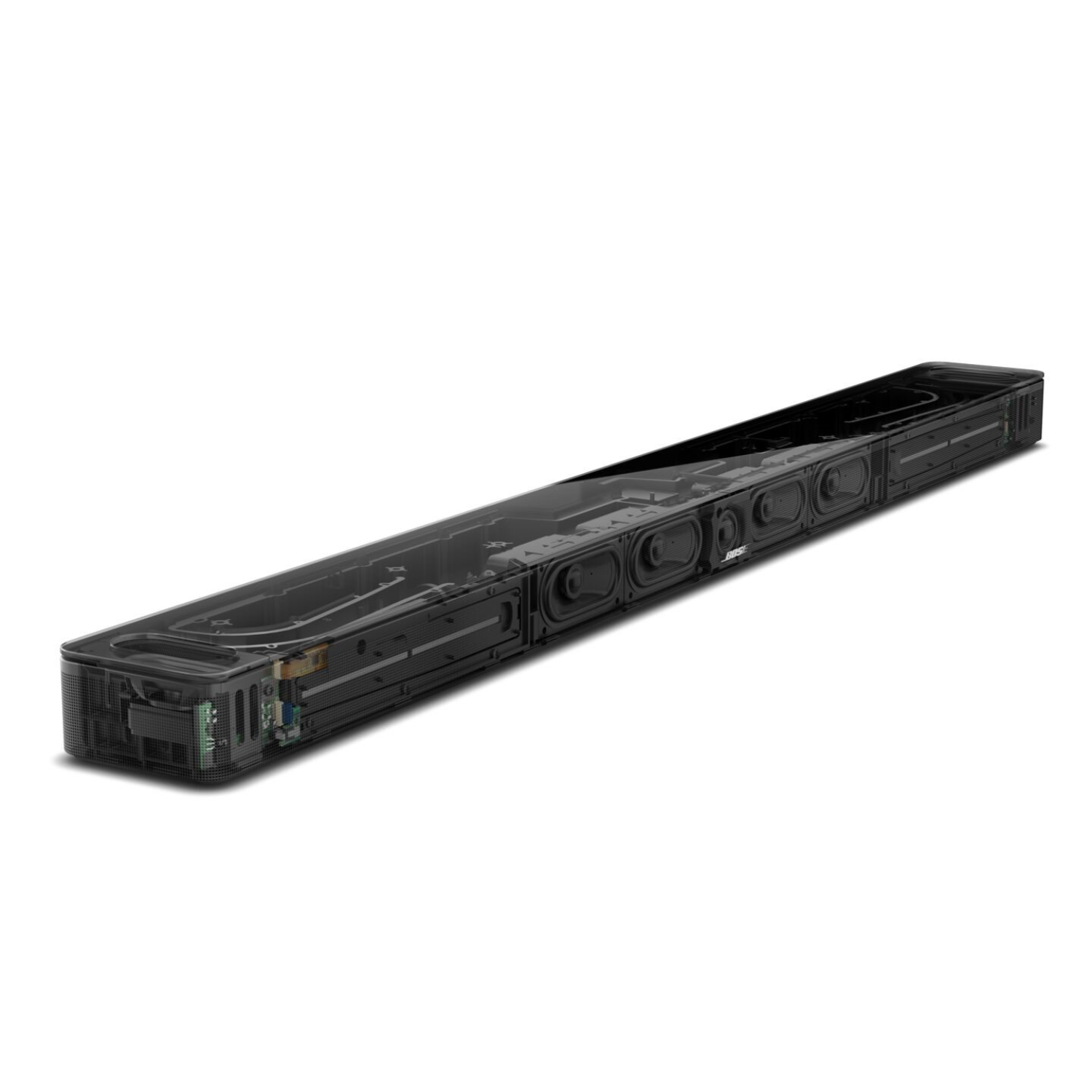 Black soundbar with internal components visible, showing the inside of the device.