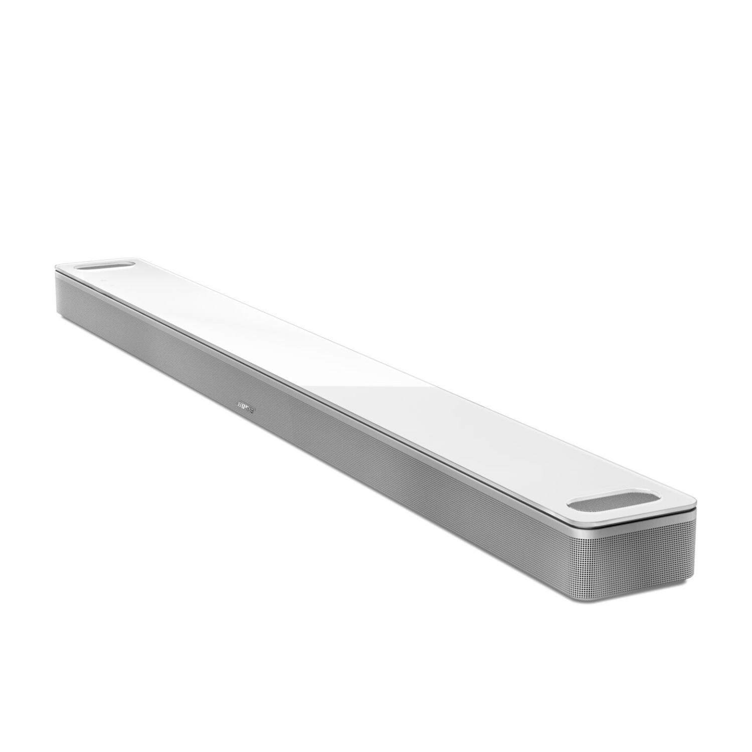 A silver soundbar on a white background. It has a glossy top and a mesh front.
