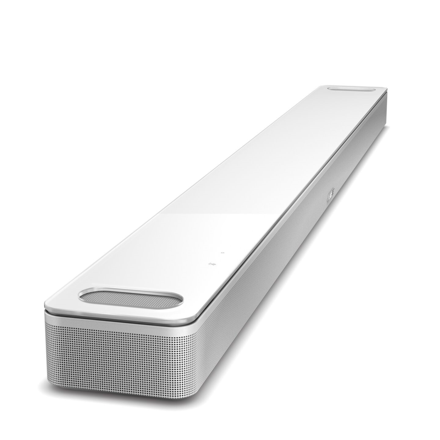 A long, white soundbar with a silver mesh front, and a light background.