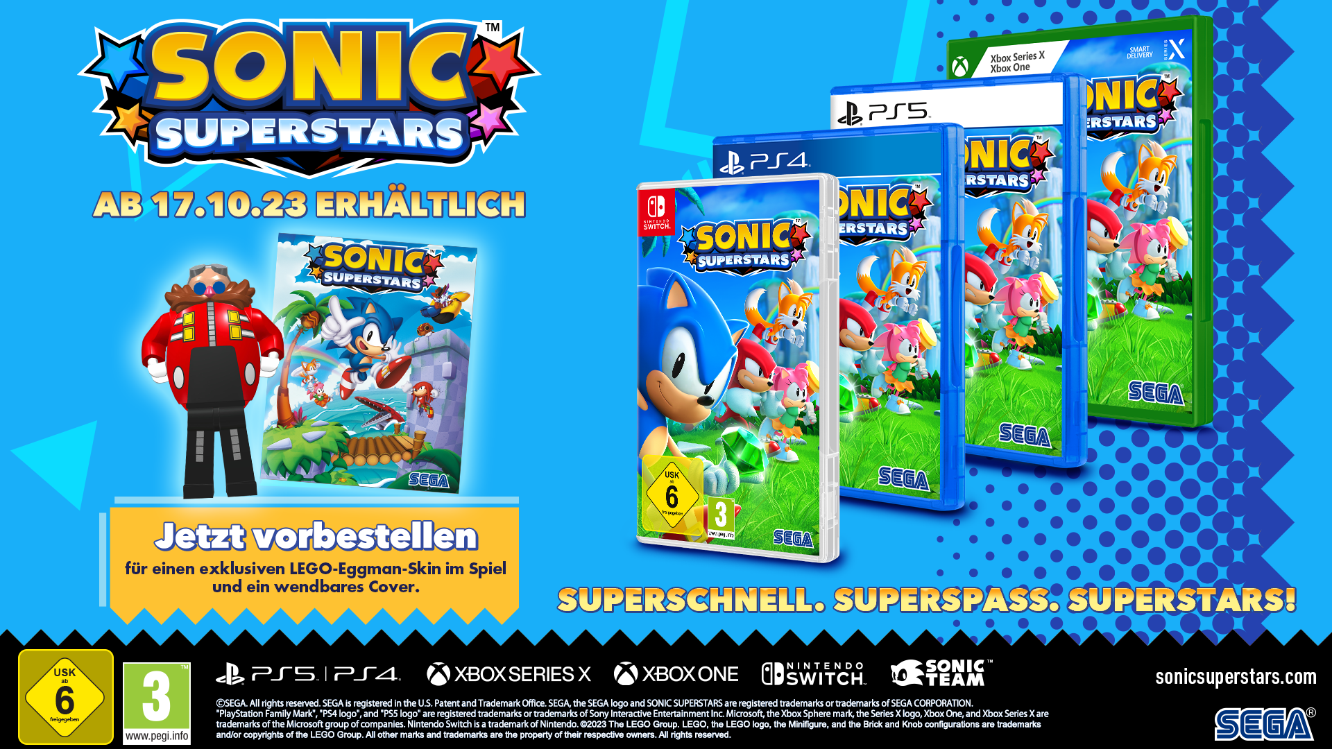 Sonic Superstars Spielboxen für verschiedene Konsolen. Boxen zeigen Sonic, Tails, Amy und andere. Hintergrund blau und grün.