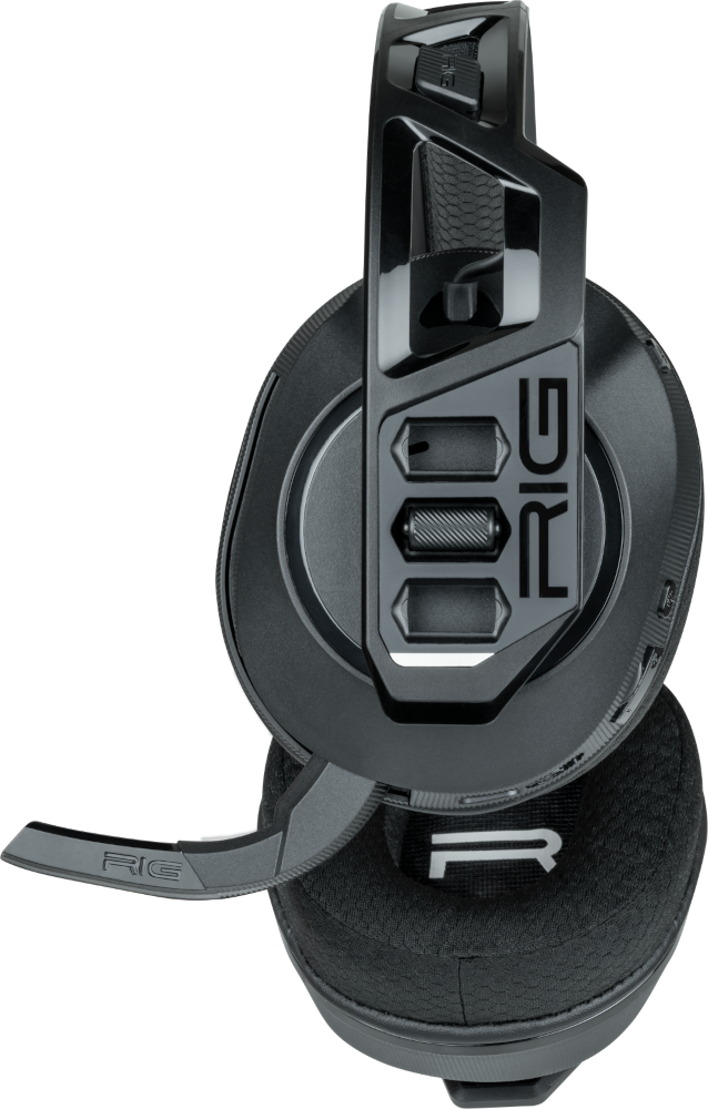 Fekete gamer headset mikrofonnal. A headseten a RIG logó látható.