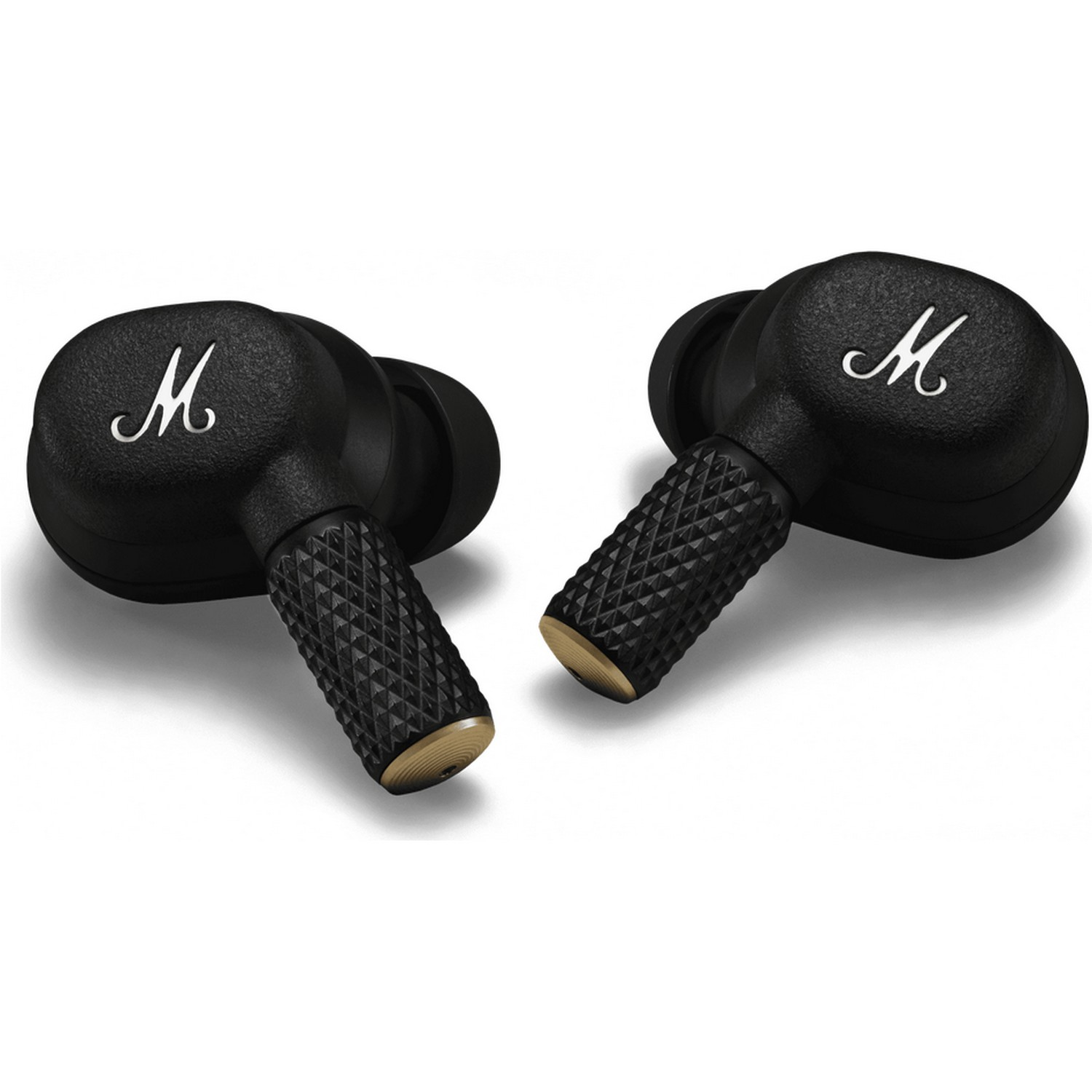 Black Marshall wireless earbuds with gold accents, on a white background.