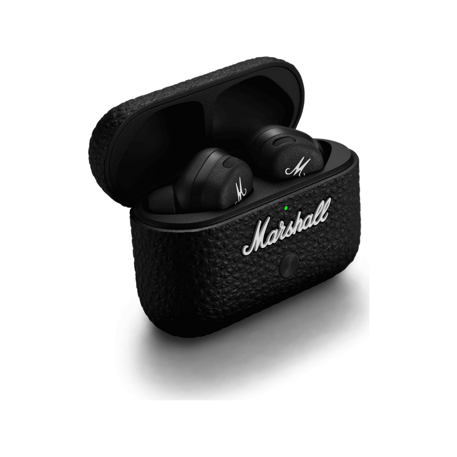Black Marshall earbuds in an open black case, with the Marshall logo visible.