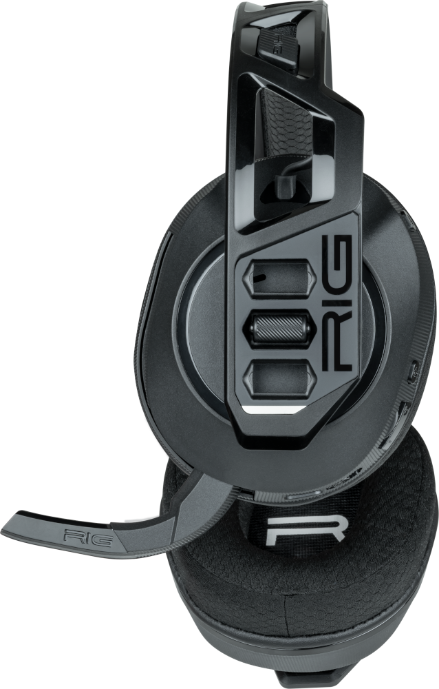 Fekete gamer fejhallgató RIG logóval és rugalmas mikrofonnal.