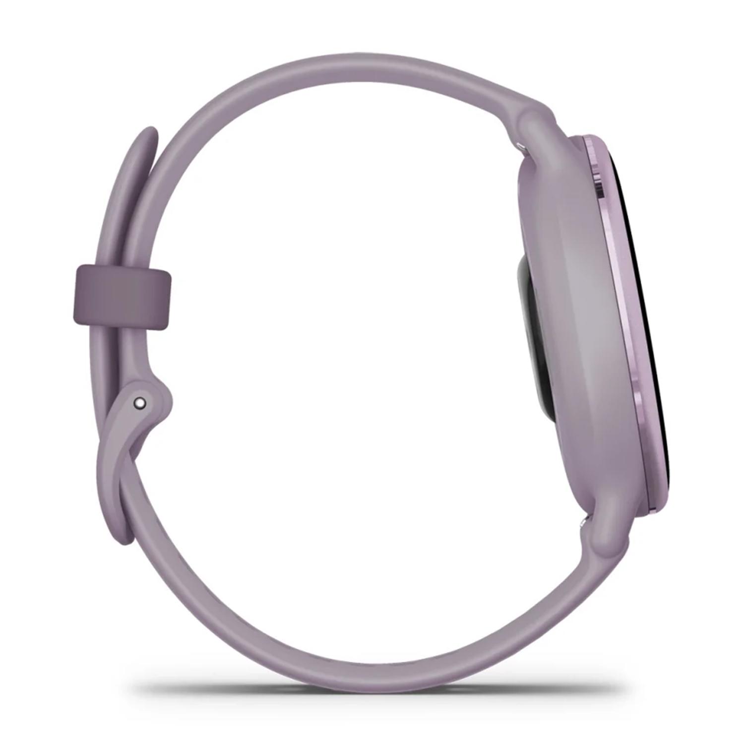 Una vista laterale di uno smartwatch viola con un cinturino viola. Il quadrante è nero.