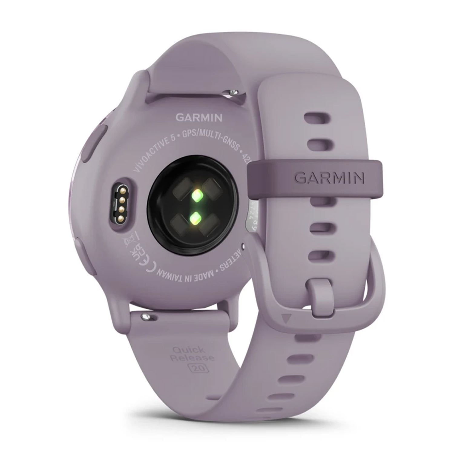 Smartwatch viola con cinturino viola, vista posteriore con sensori e logo Garmin.