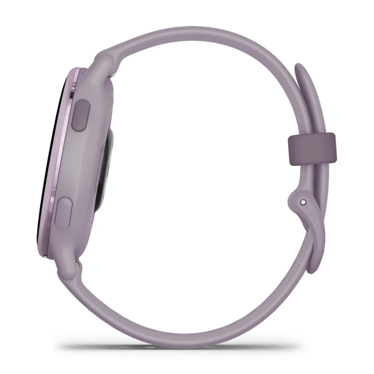 Vista laterale di uno smartwatch color lavanda con cinturino.