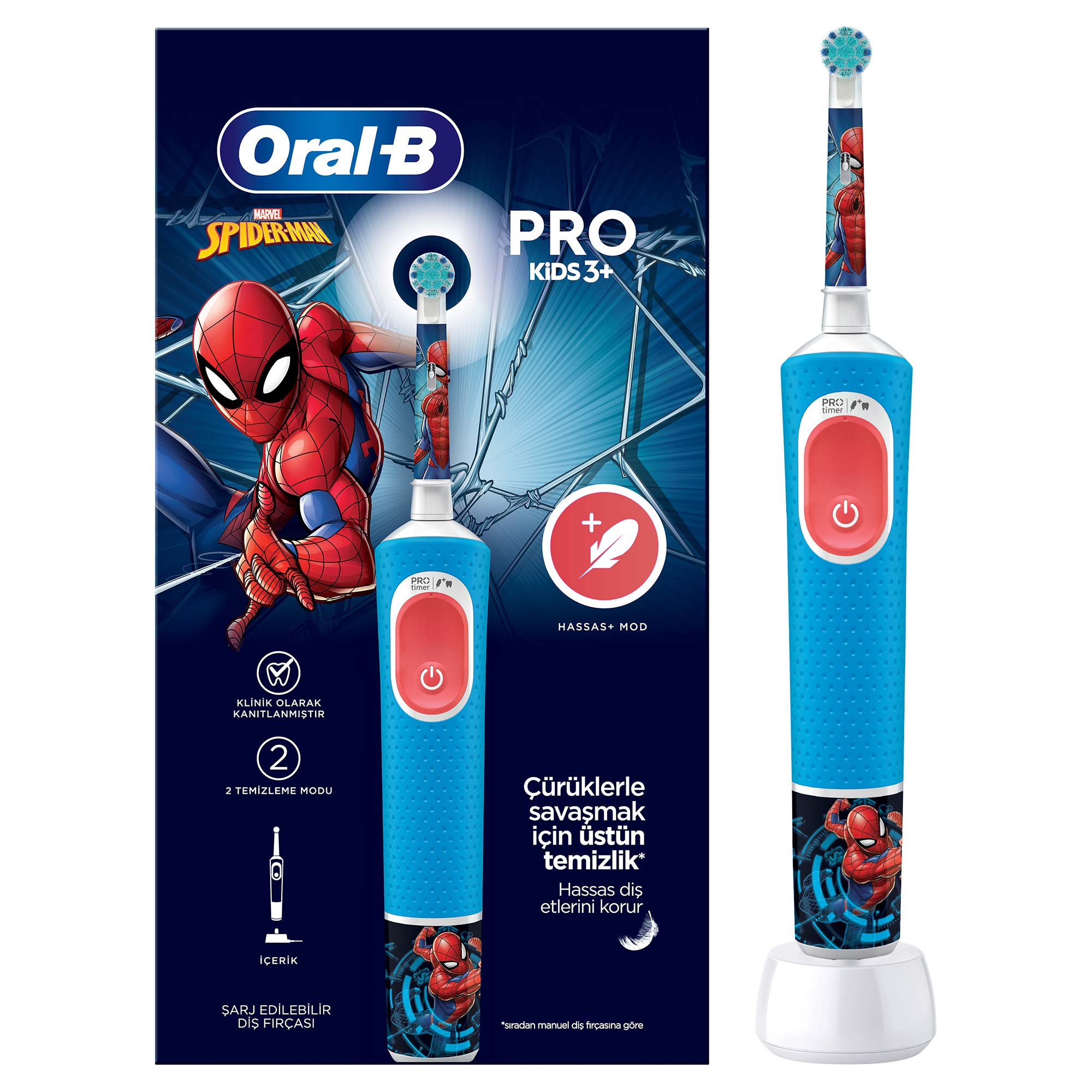 Mavi bir Oral-B elektrikli diş fırçası, Örümcek Adam tasarımı ve şarj tabanı ile.