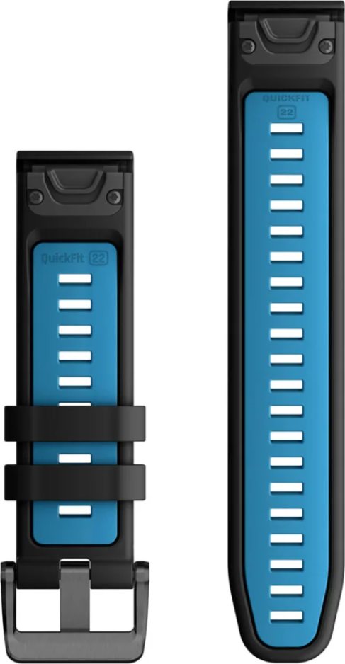 Zwei Uhrenarmbänder. Eines schwarz mit blauem Innenraum, eines ganz blau mit schwarzer Schnalle.