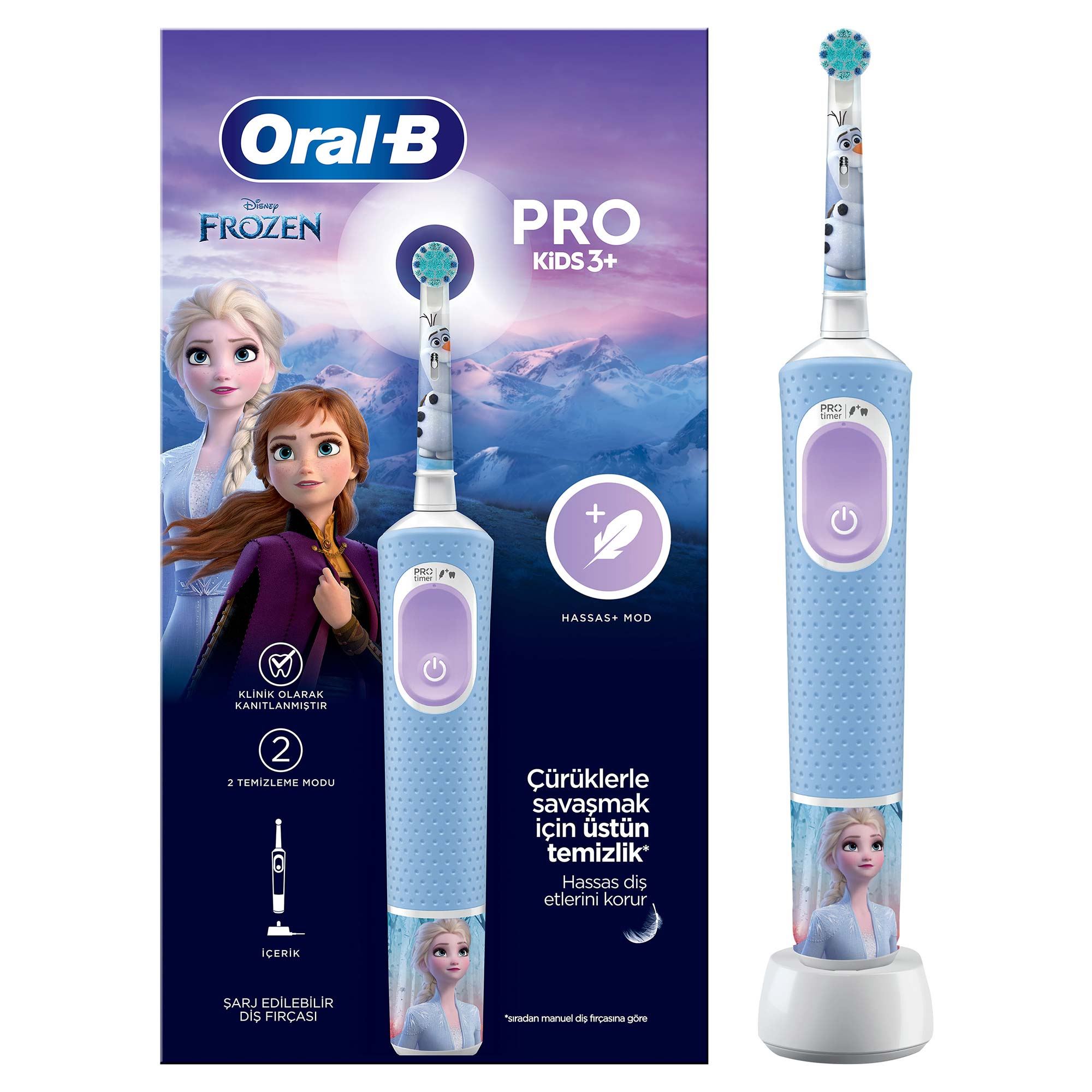 Oral-B Pro Kids Frozen diş fırçası ve üzerinde Frozen karakterlerinin bulunduğu ambalajı.