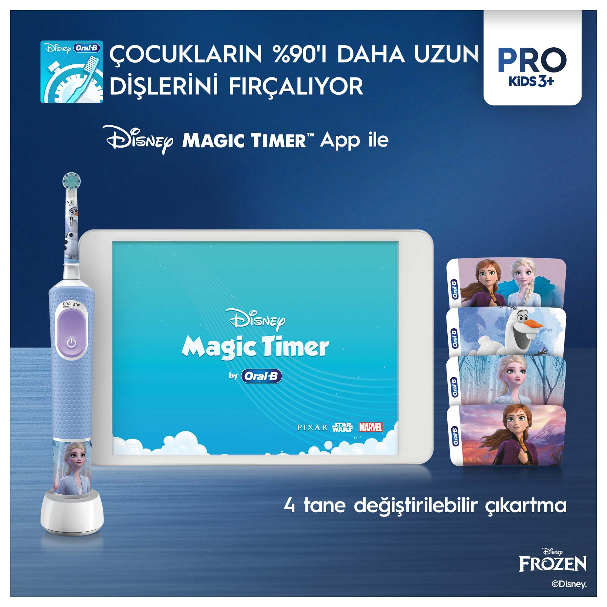 Etkileşimli bir tablet ve Frozen karakterleri ile mavi ve beyaz bir Oral-B diş fırçası.