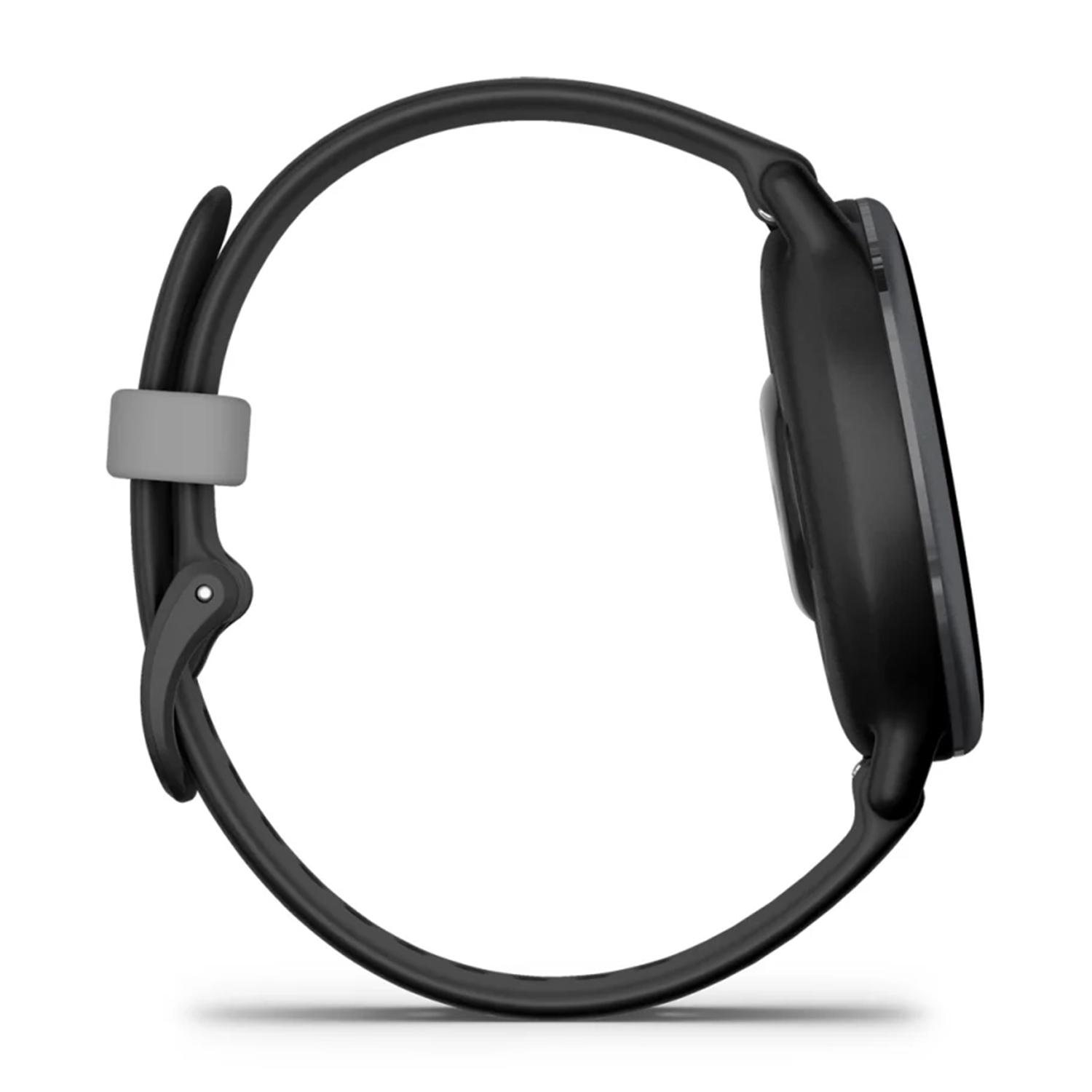 Tracker di fitness nero con cinturino grigio, che mostra il profilo laterale su sfondo bianco.