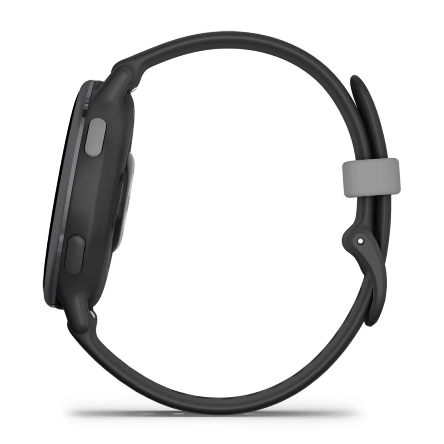 Smartwatch Garmin nero, vista laterale. L'orologio ha un cinturino scuro e una fibbia grigia.