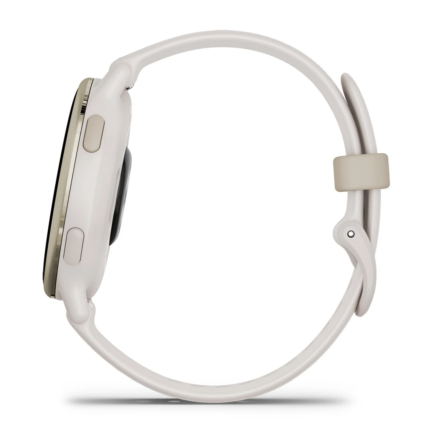 Uno smartwatch bianco con cinturino color crema. L'orologio è visto di lato.