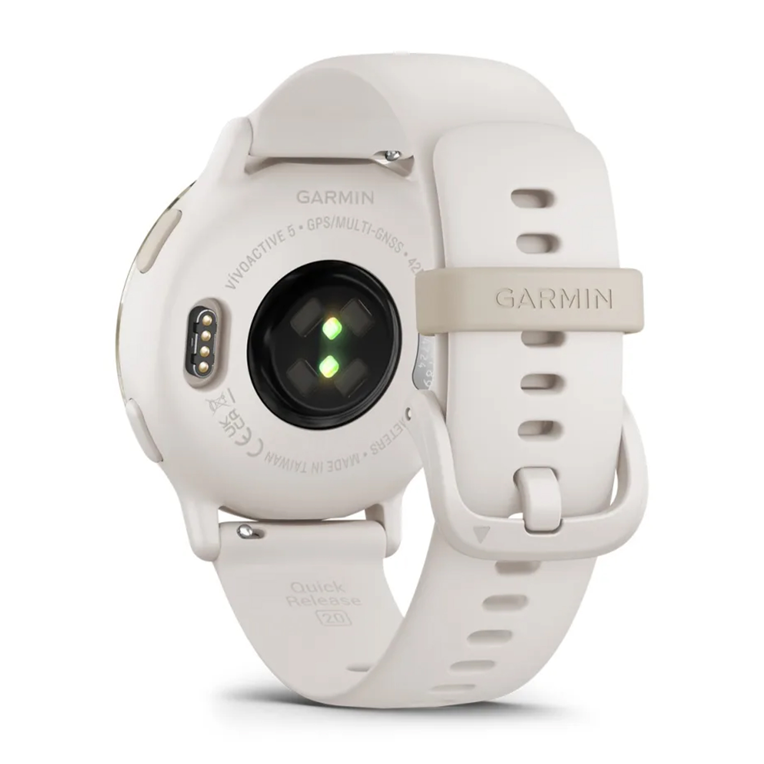 Uno smartwatch bianco con cinturino bianco, mostra il retro con dettagli.