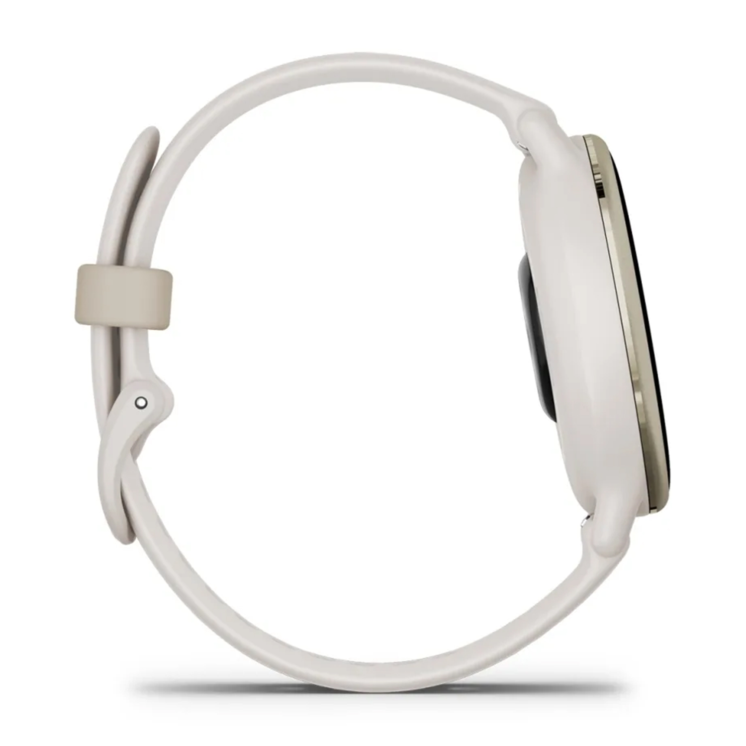 Una vista laterale di uno smartwatch color crema con cinturino bianco. Sfondo bianco.