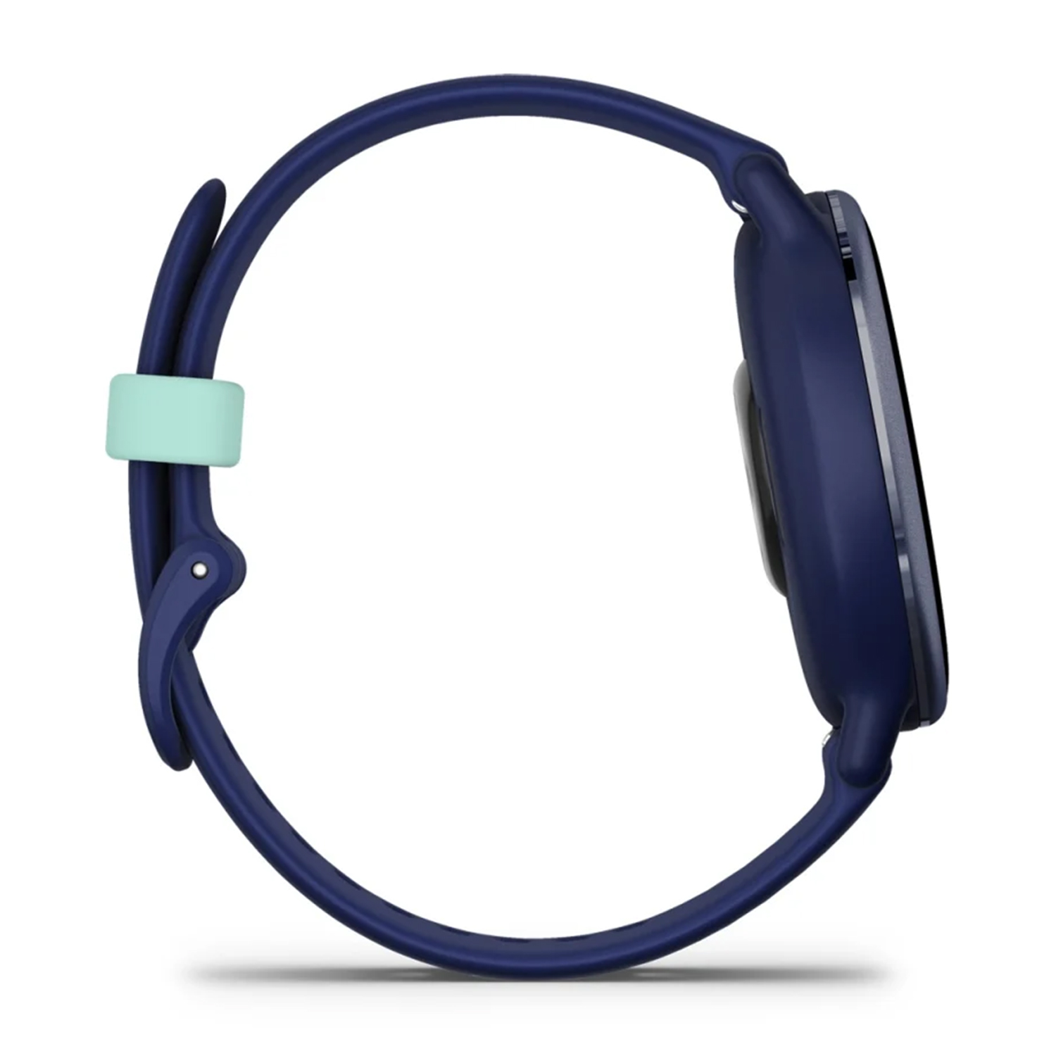Una vista laterale di uno smartwatch blu navy con cinturino blu e supporto verde menta.