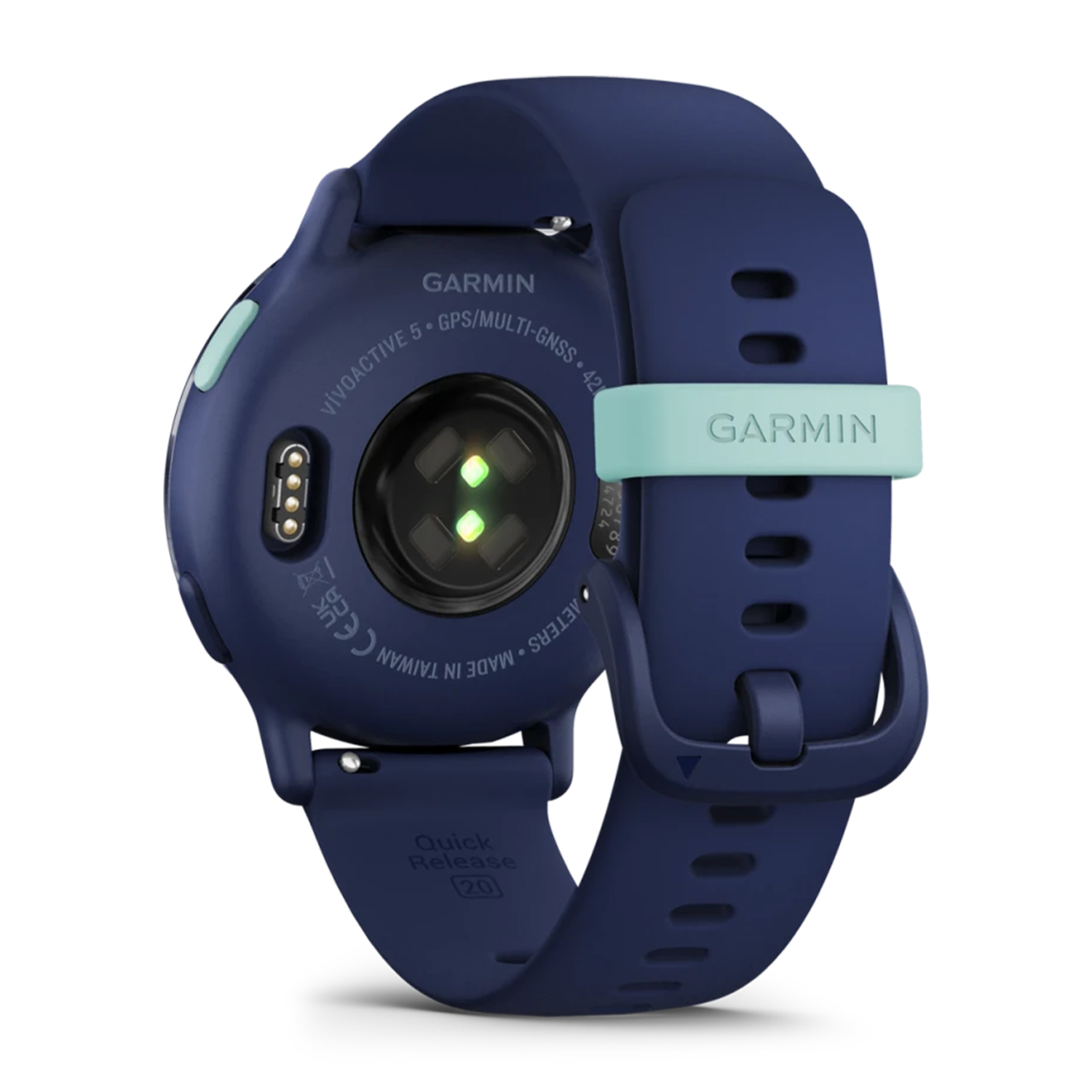 Smartwatch Garmin, cinturino blu, accento verde menta. Vista posteriore mostra sensori e contatti di ricarica.