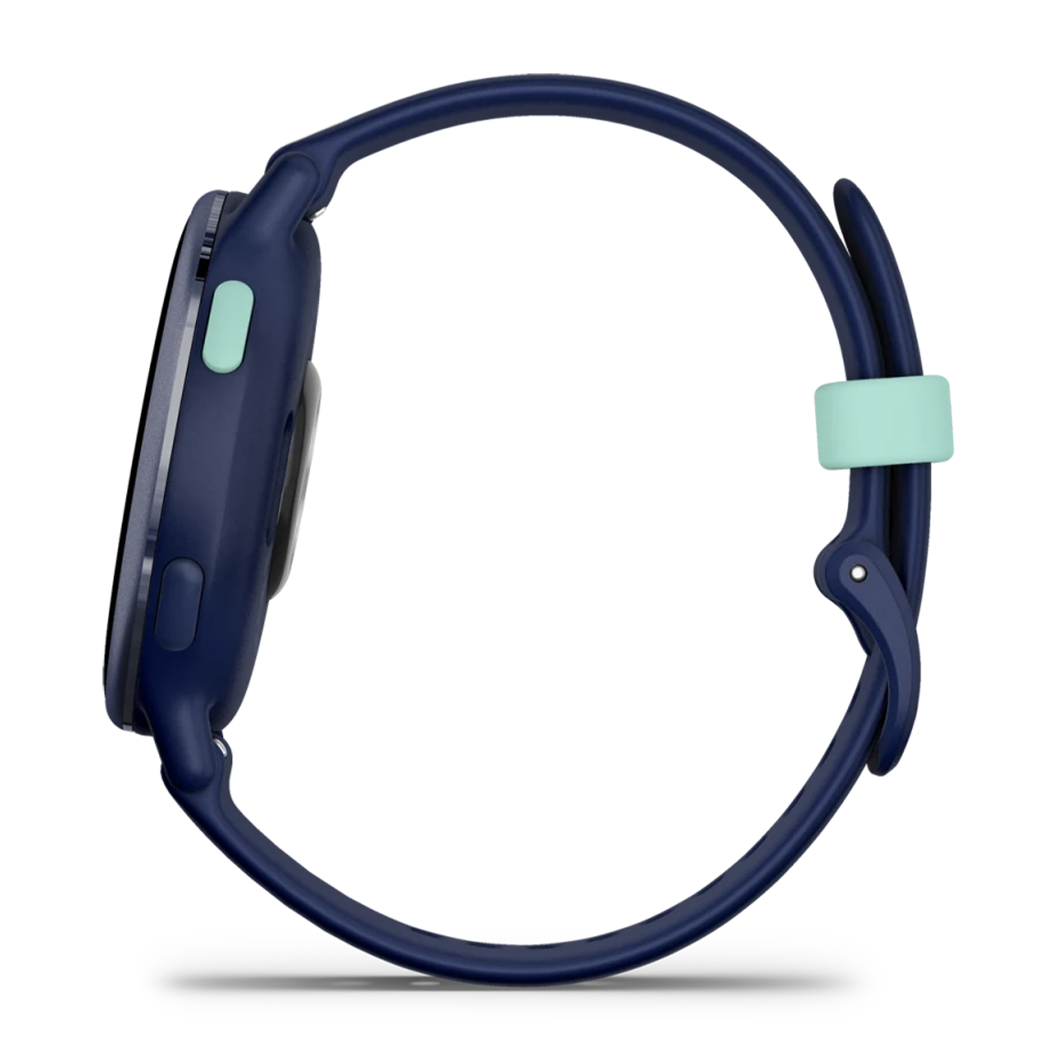 Smartwatch blu con pulsante e cinturino menta su sfondo bianco, vista laterale.
