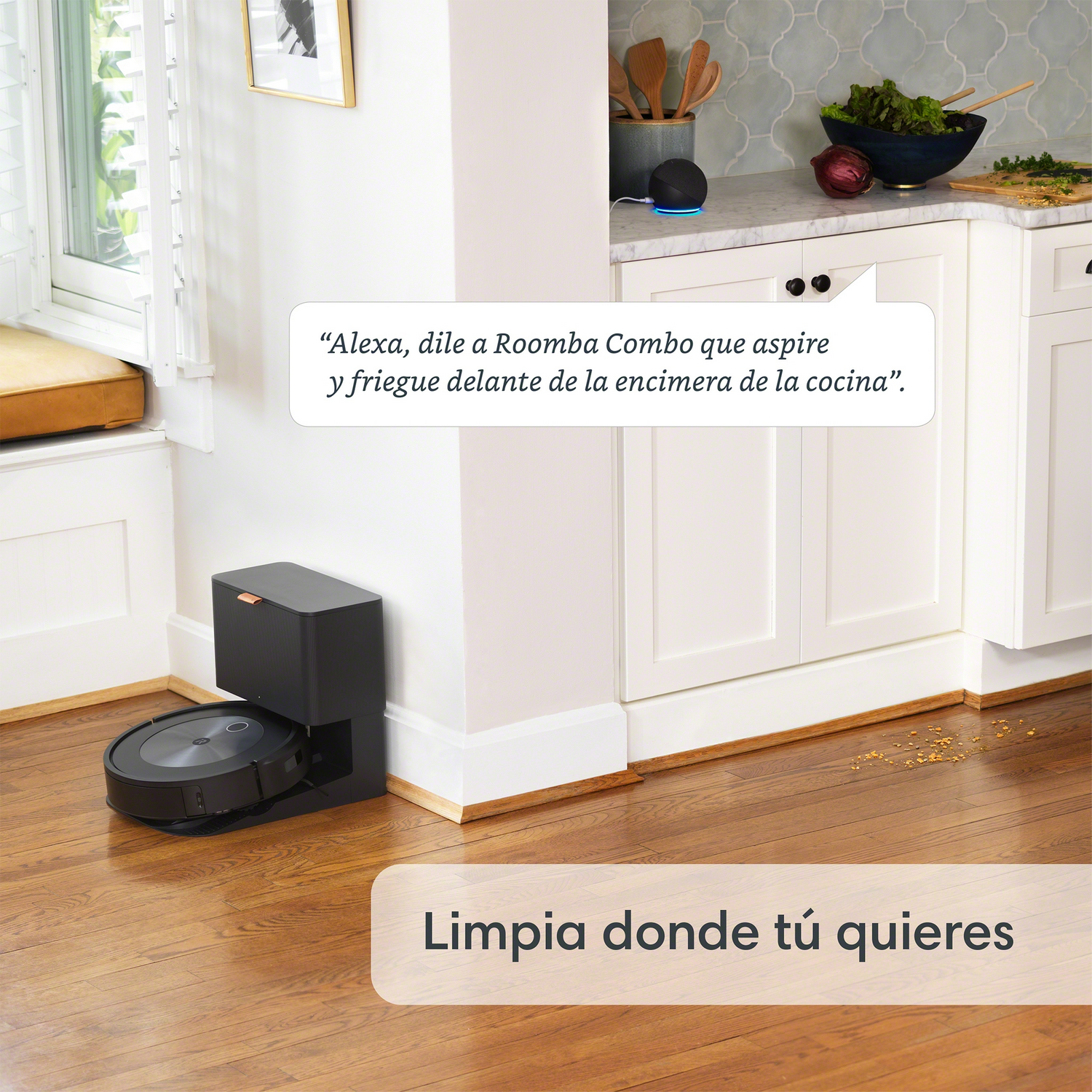 Aspiradora robot y estación de carga. Texto: "Limpia donde tú quieres" en español.