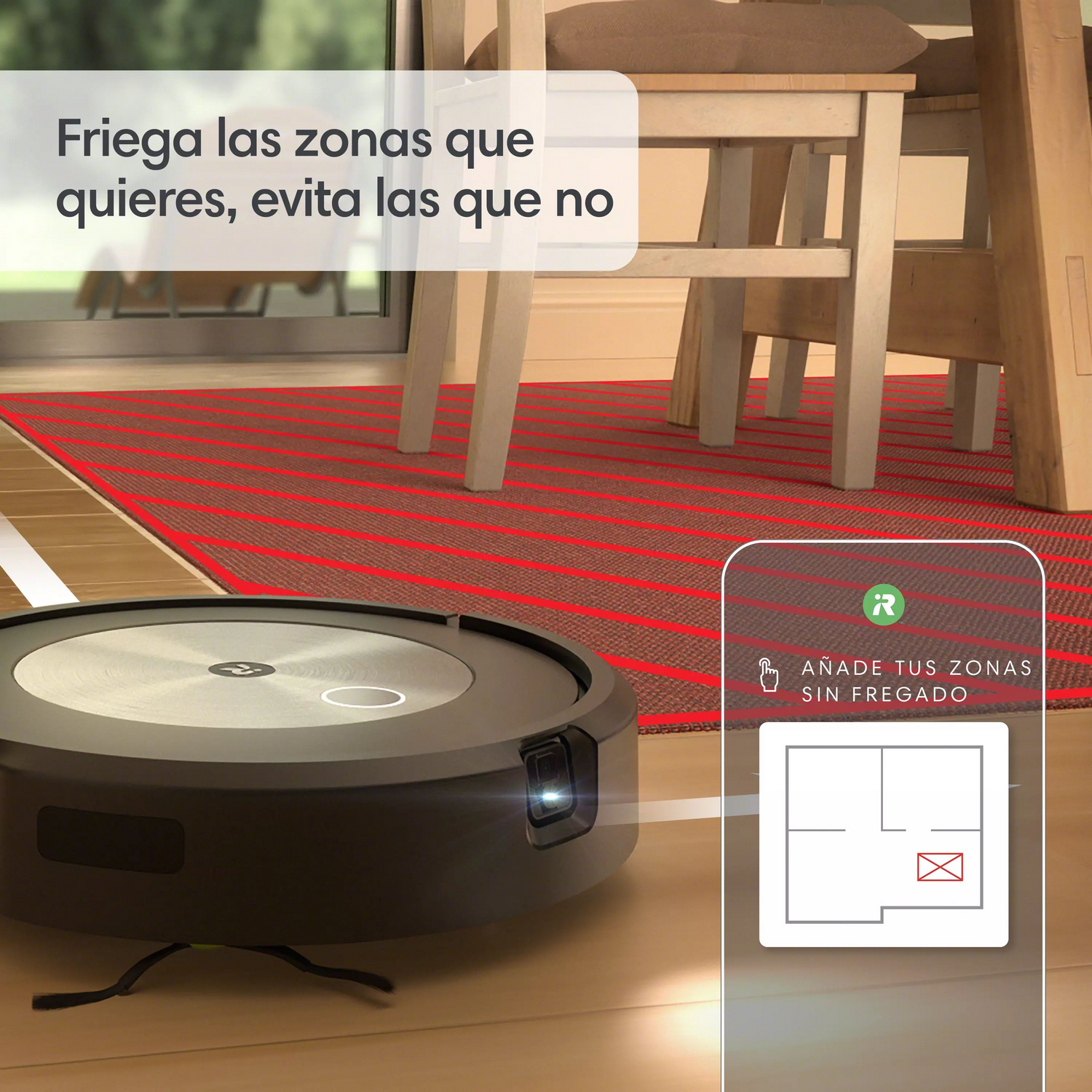 Robot aspirador sobre suelo de madera. Un smartphone muestra un mapa de la habitación.