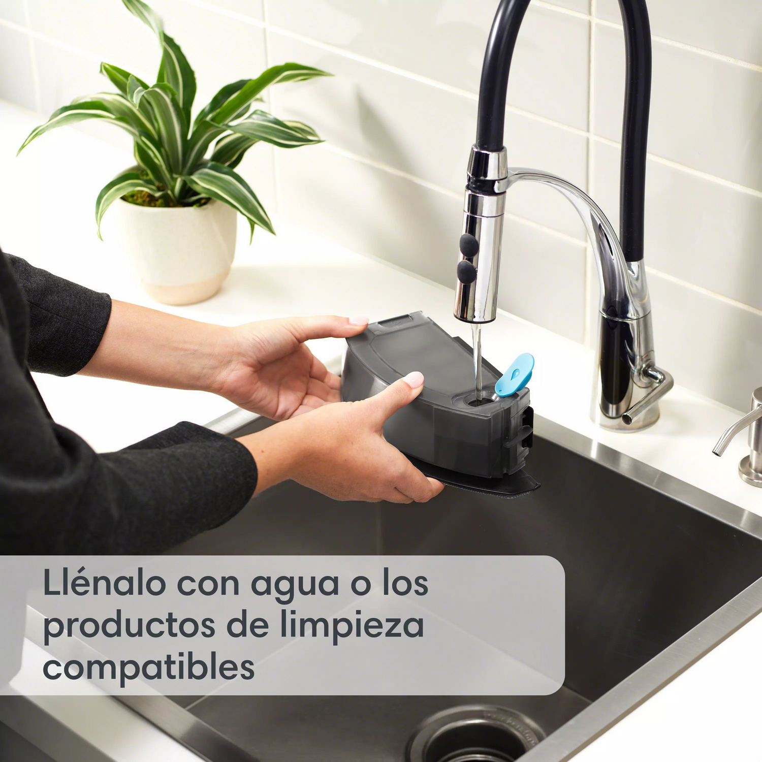 Una persona está rellenando un recipiente negro en un fregadero con una planta.