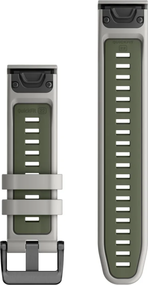Zwei Armbänder: grau und olivgrün. Eines mit QuickFit 22, das andere mit Löchern.