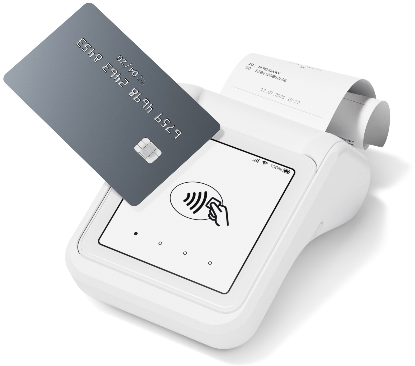 Carte de crédit tapant sur un terminal de paiement blanc avec un reçu.