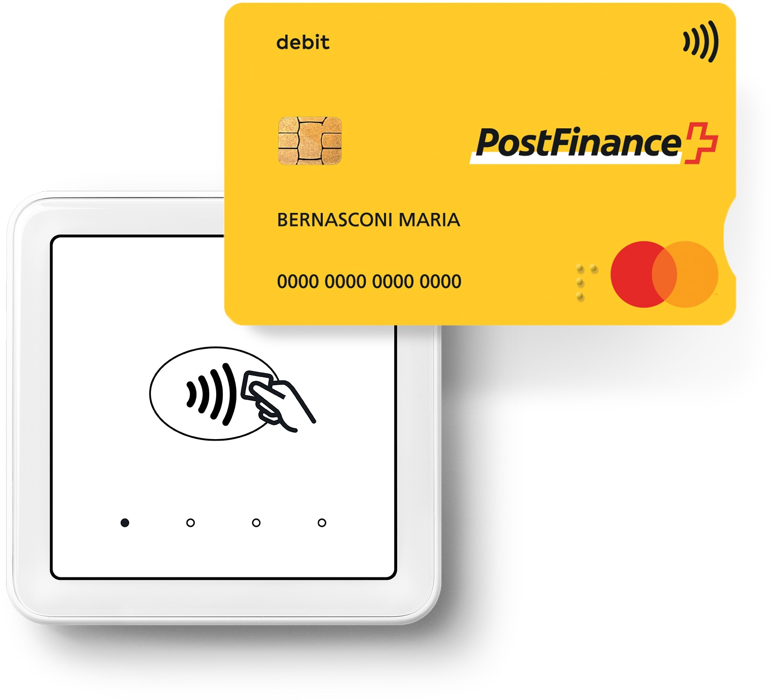 Une carte de débit PostFinance jaune et un terminal de paiement, avec un symbole de paiement sans contact.