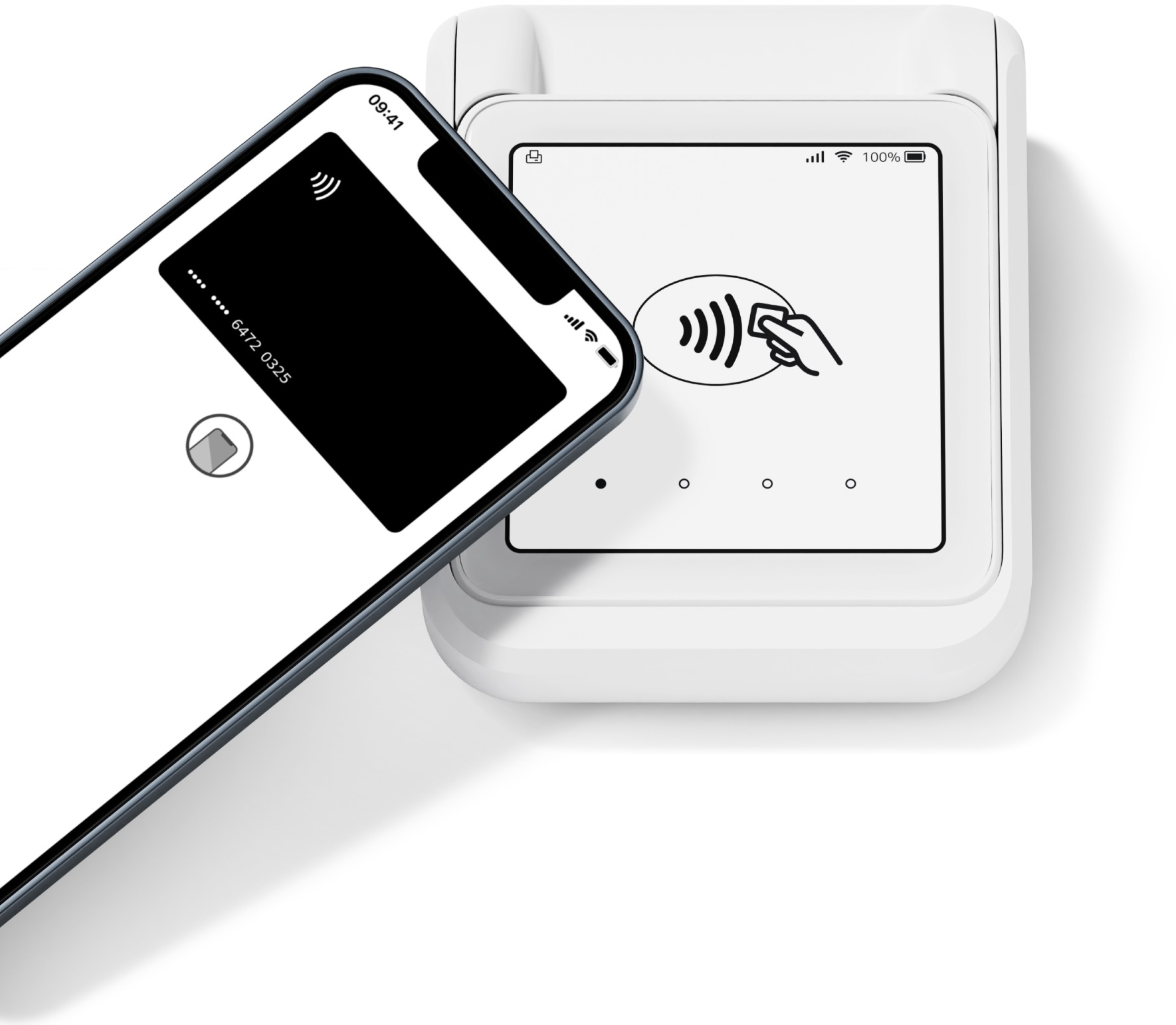 Un téléphone est maintenu au-dessus d'un terminal de paiement. Les deux appareils ont des symboles NFC, indiquant une transaction sans contact.