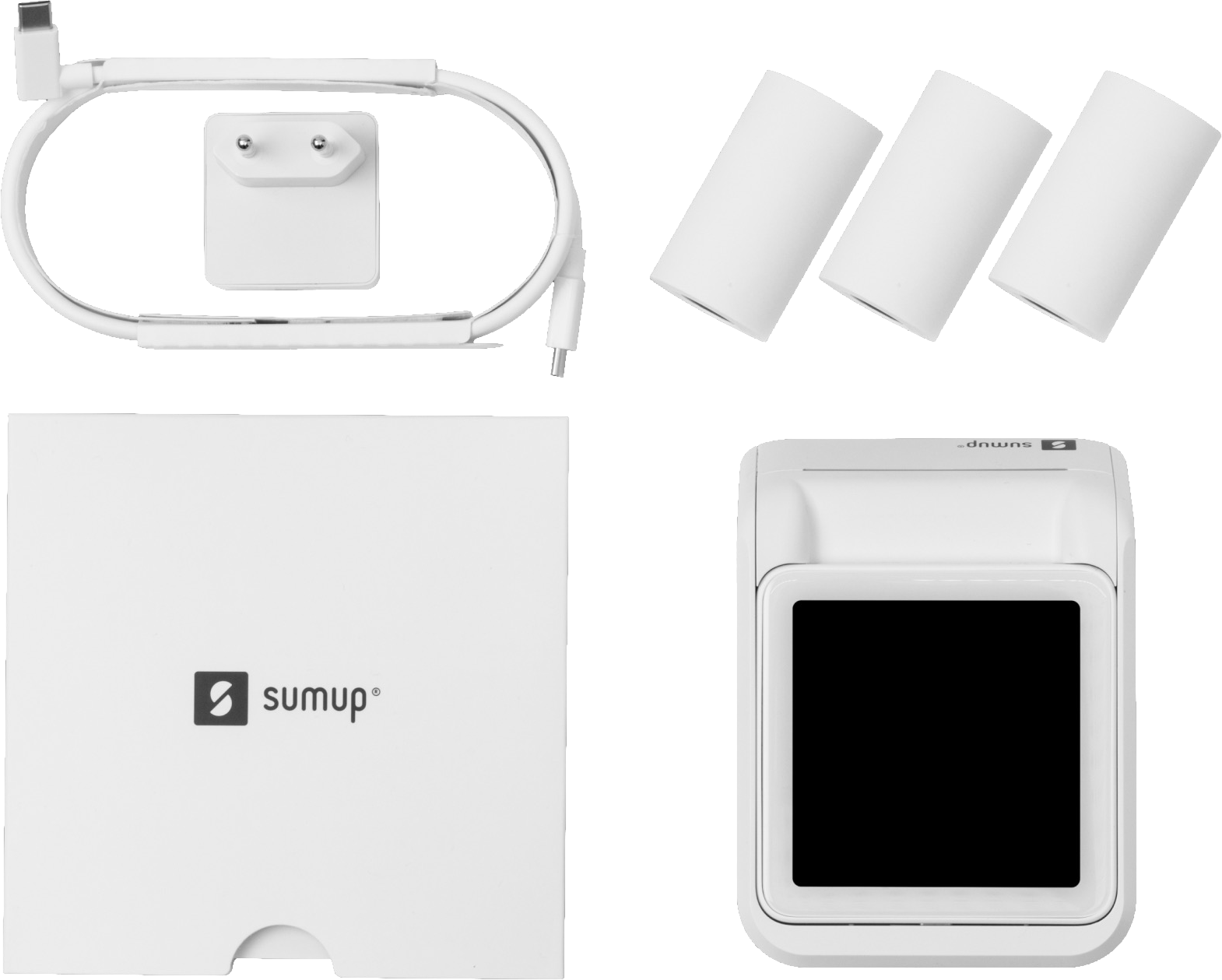 Appareil SumUp et accessoires. Comprend un câble de chargement, trois rouleaux de papier, une boîte blanche et le lecteur de carte.