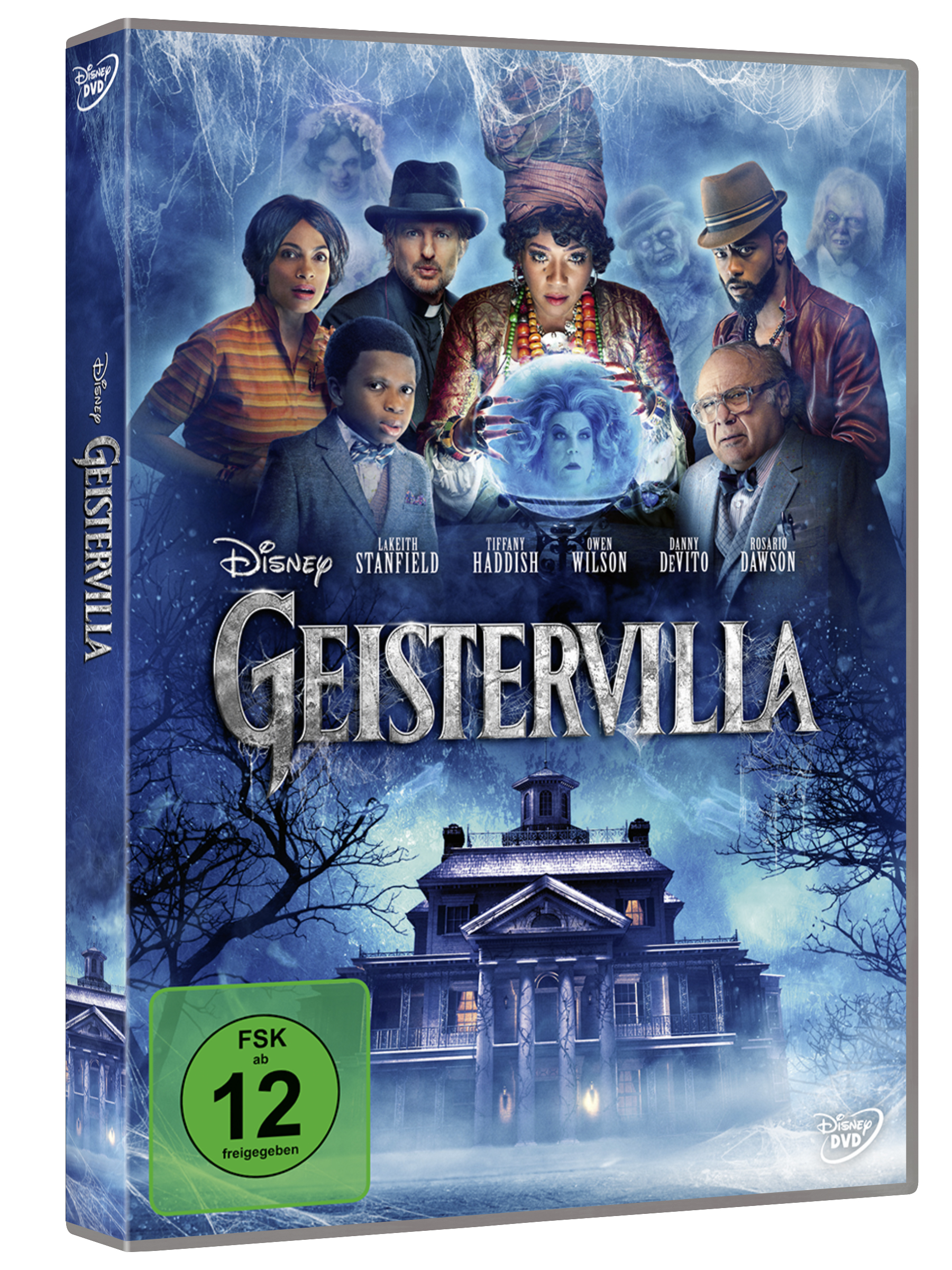 DVD-Hülle des Films 'Geistervilla'. Enthält Bilder der Besetzung und den Titel. Der Hintergrund ist blau.