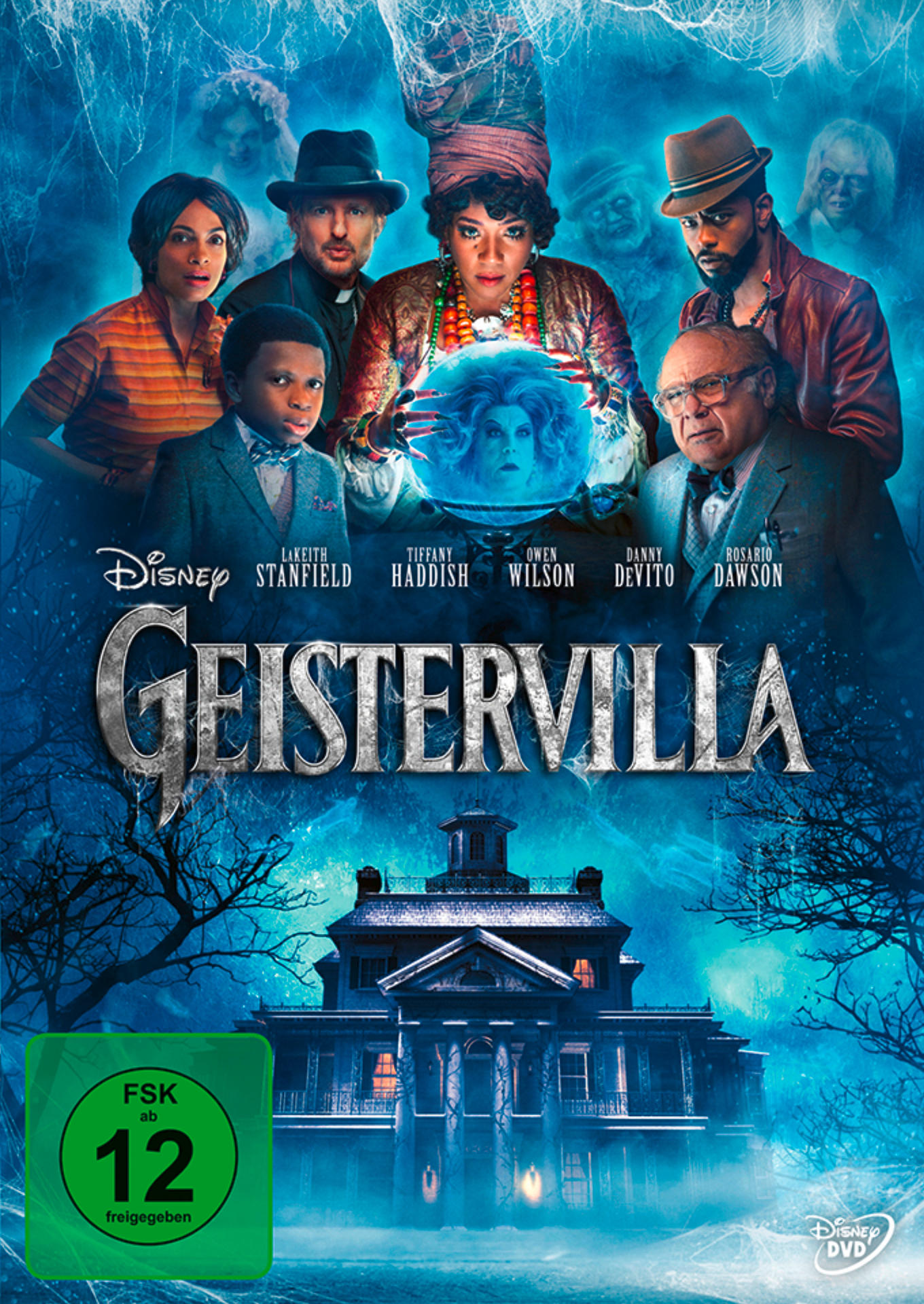 Filmposter für "Geistervilla". Eine Gruppe von Leuten steht vor einem Haus.