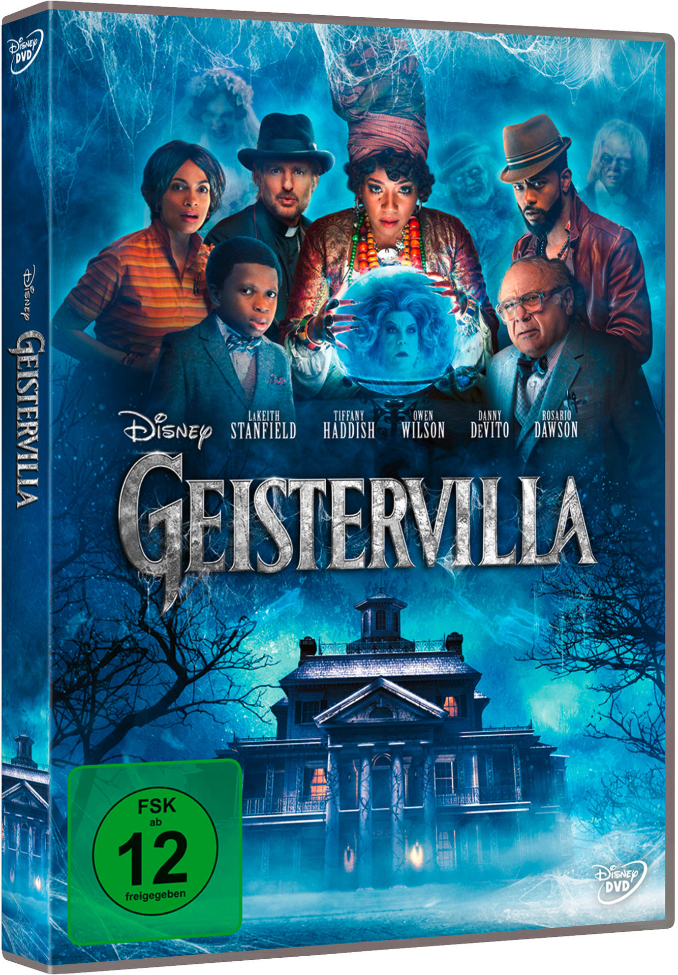 DVD-Filmcover mit einer Gruppe von Leuten und einem Spukhaus im Hintergrund.