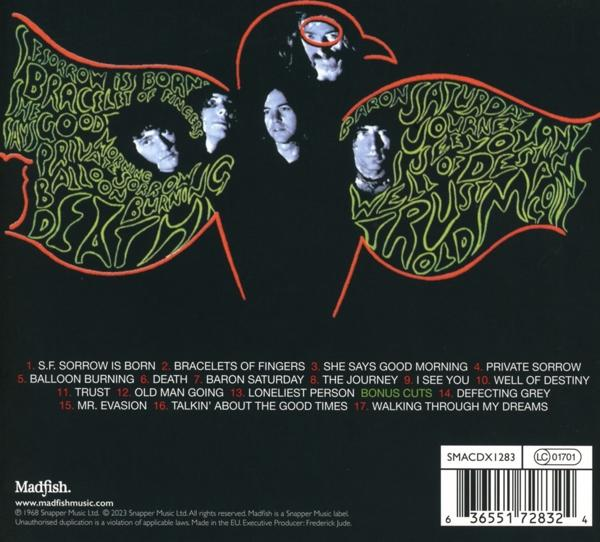 Albumcover mit Bandmitgliedern in dunkler Kleidung. Text enthält Songtitel und Bandnamen.