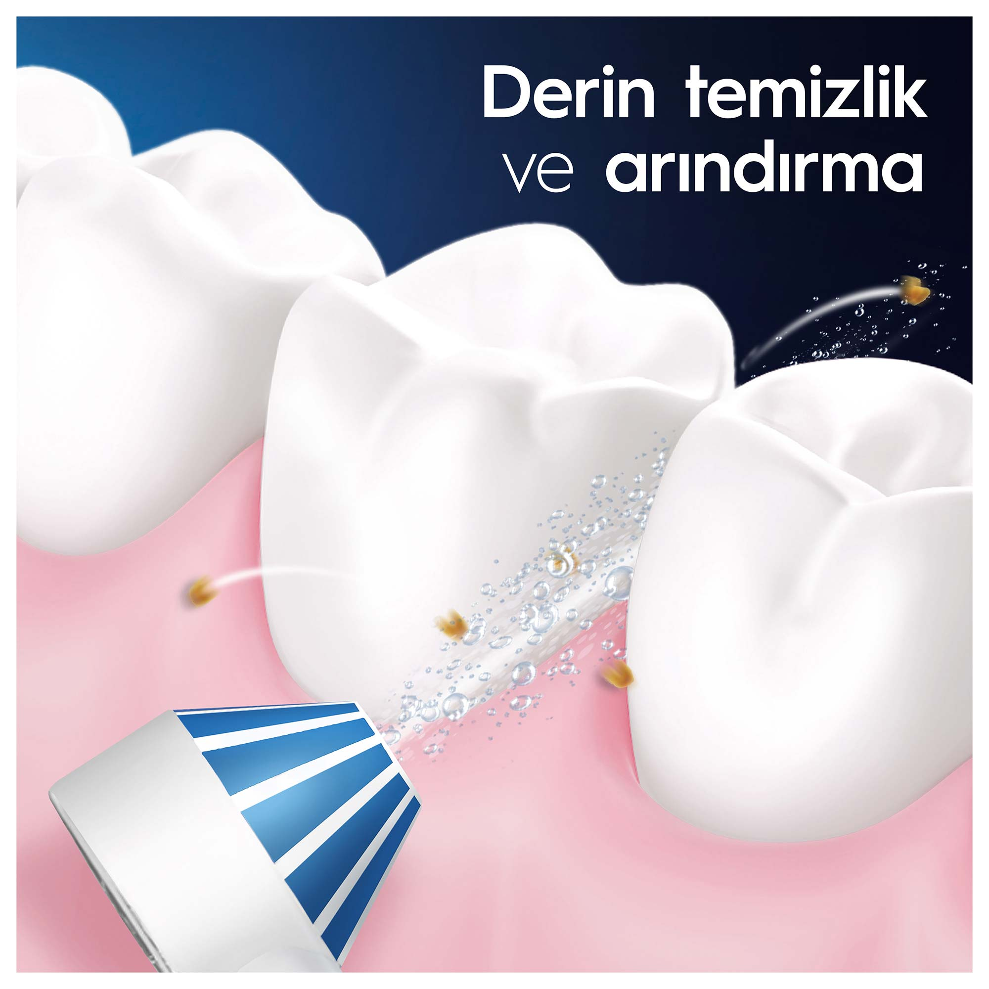 Görüntü, derin temizliği vurgulayarak, temizleme spreyi ile dişleri gösteriyor.