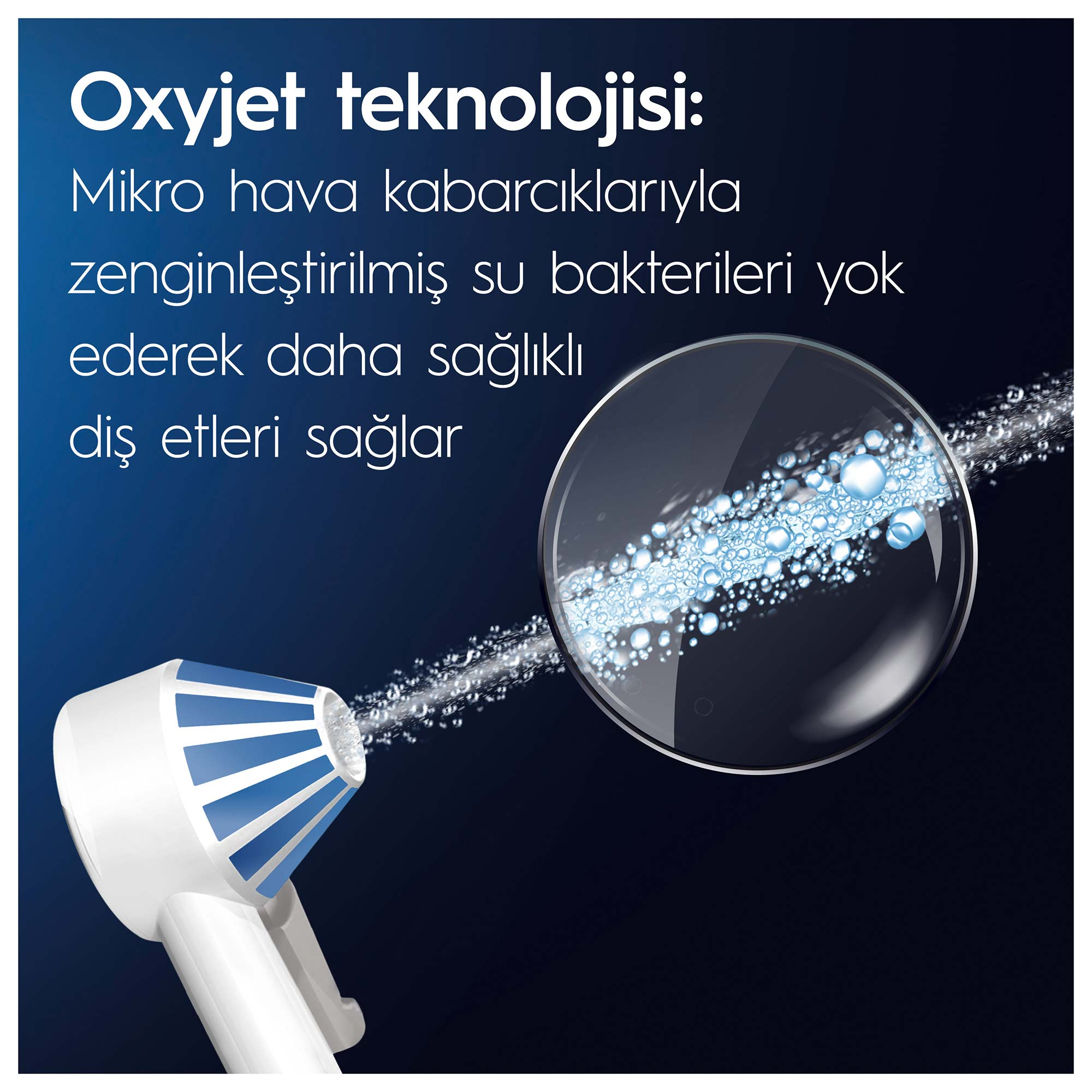 Diş bakım cihazının yakın çekimi. Kabarcıklarla su püskürtme. Mavi ve beyaz tasarım.