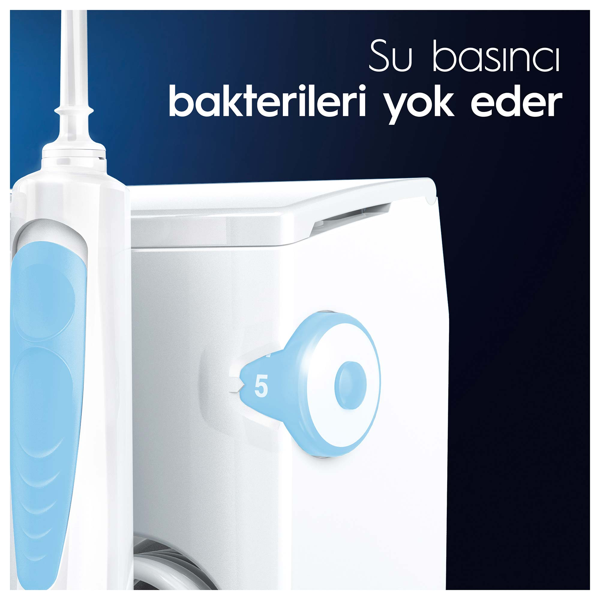 Mavi bir kadran ve Türkçe metin ile beyaz ve mavi bir ağız duşunun yakın çekimi.