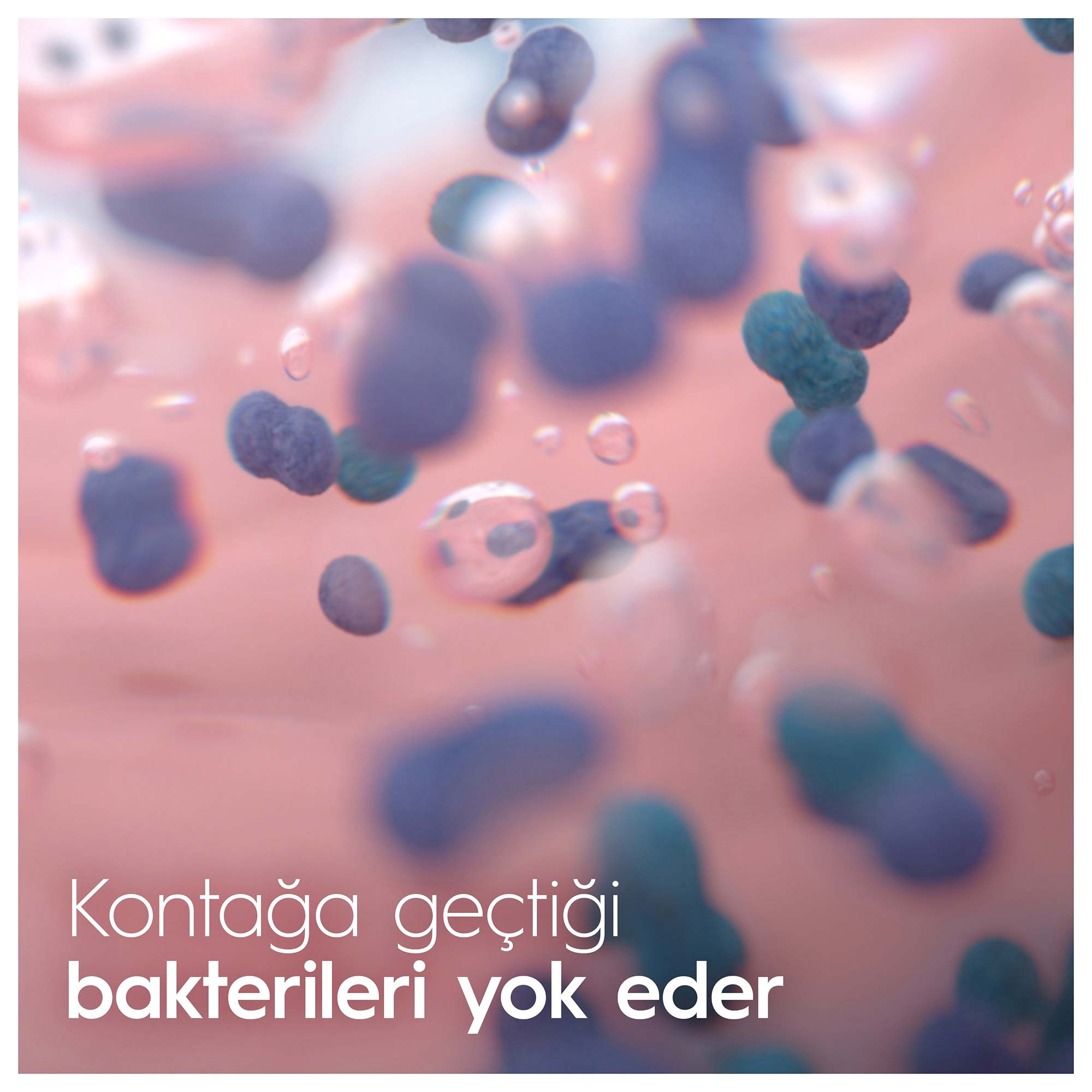 Pembe bir sıvıda, kabarcıklarla dolu mavi ve turkuaz bakterilerin mikroskobik görünümü. Metin: Bakterileri öldürür.