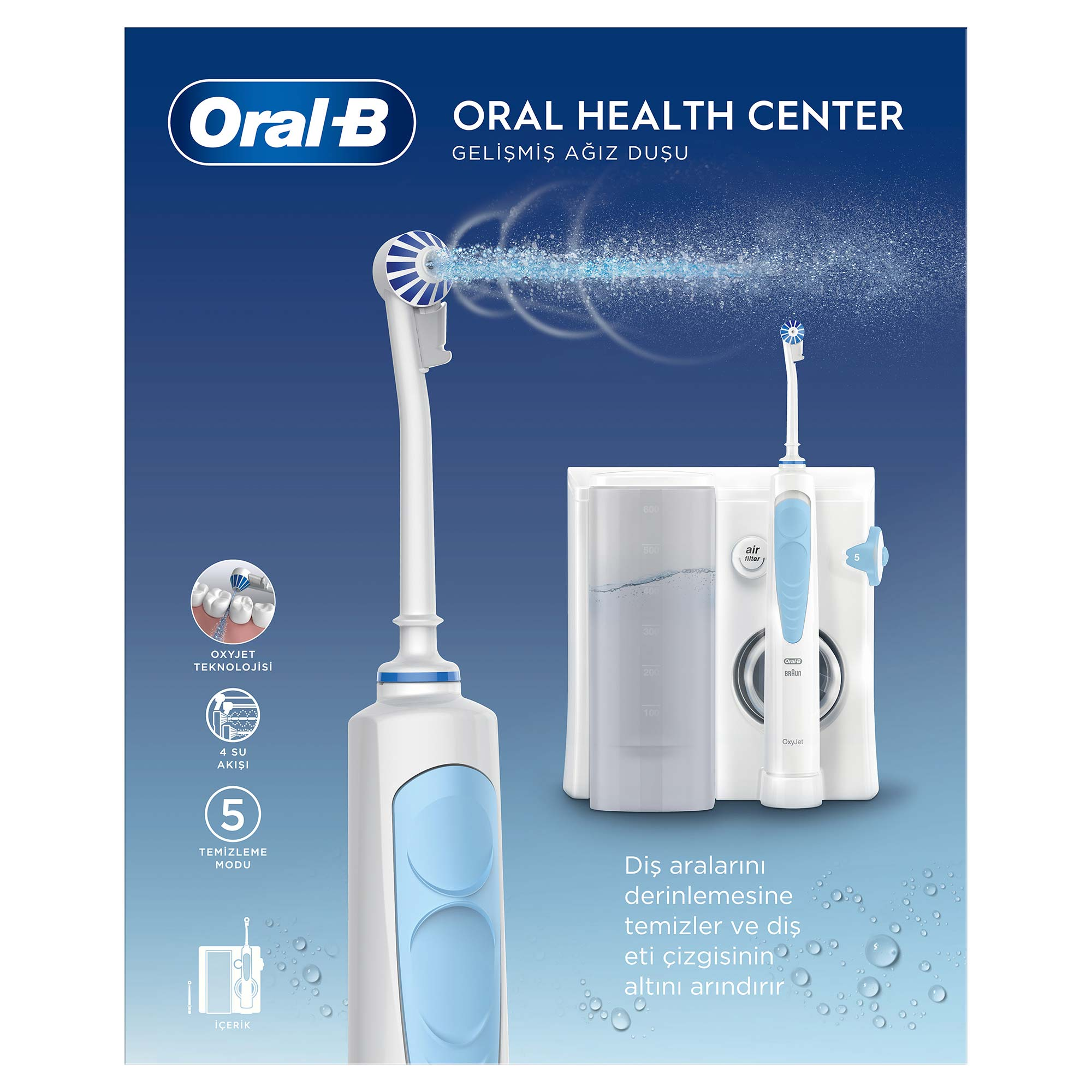 Bir Oral-B ağız sağlığı merkezi, bir diş fırçası ve su püskürtücü ile su püskürtüyor.