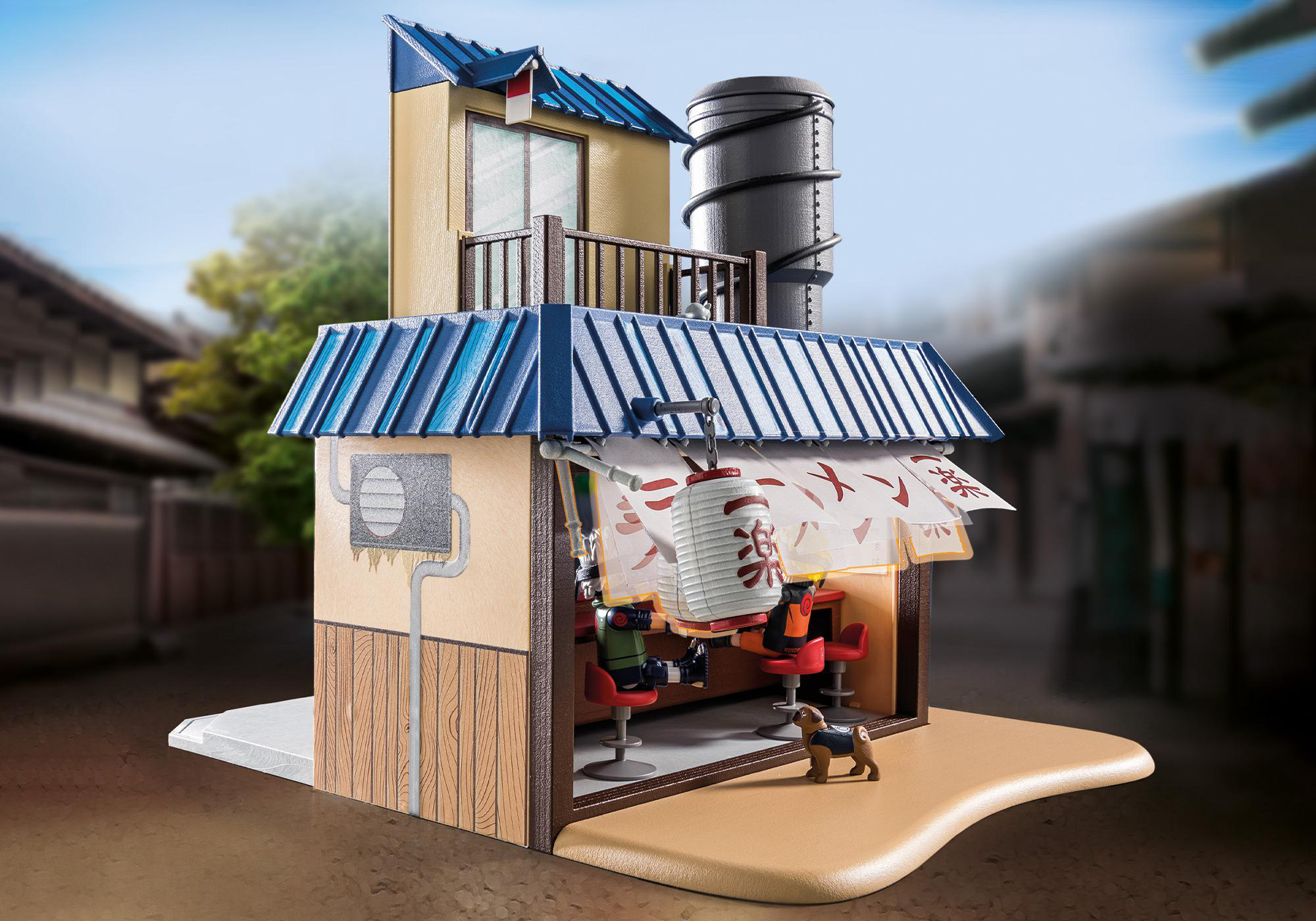 Miniaturmodell eines japanischen Ramen-Ladens. Mit Geschäft, Figuren, Hund und detaillierter Architektur.