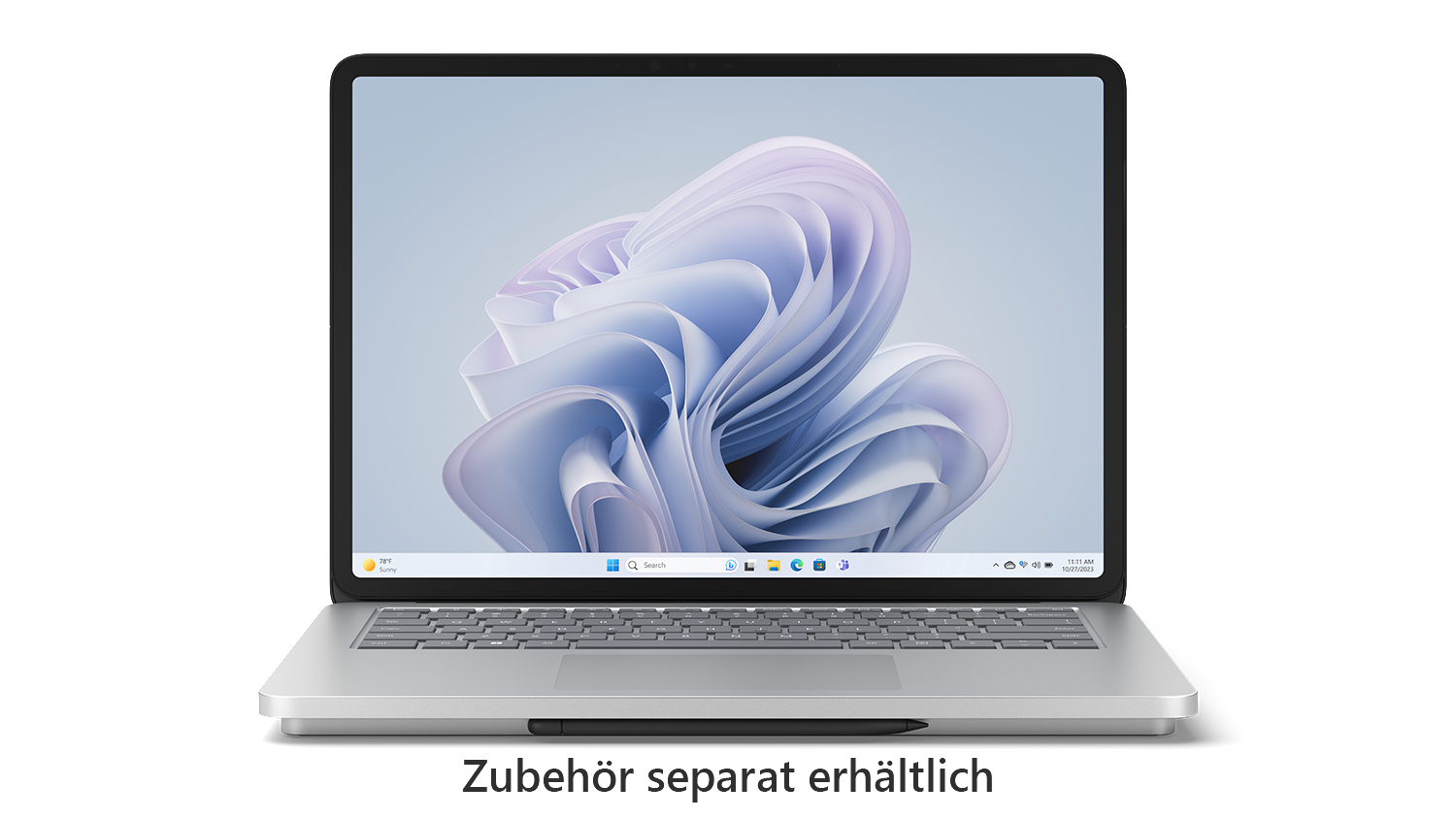 Silberner Laptop mit floraler Bildschirmanzeige, Text darunter.