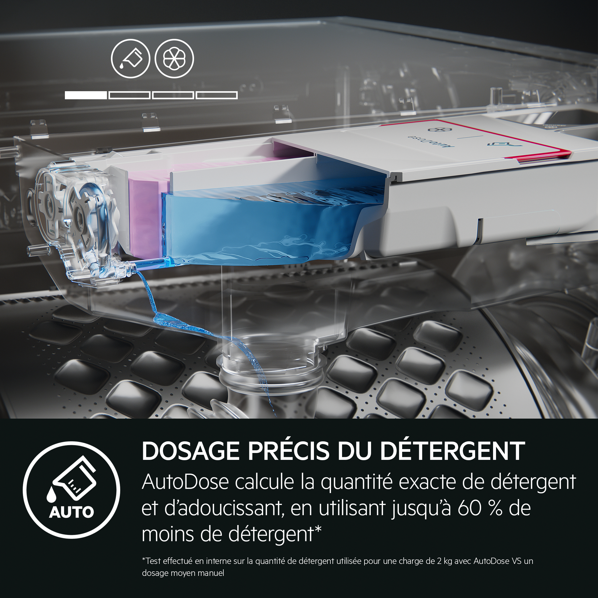 Intérieur de la machine à laver avec distributeur de détergent. Liquide bleu sort.