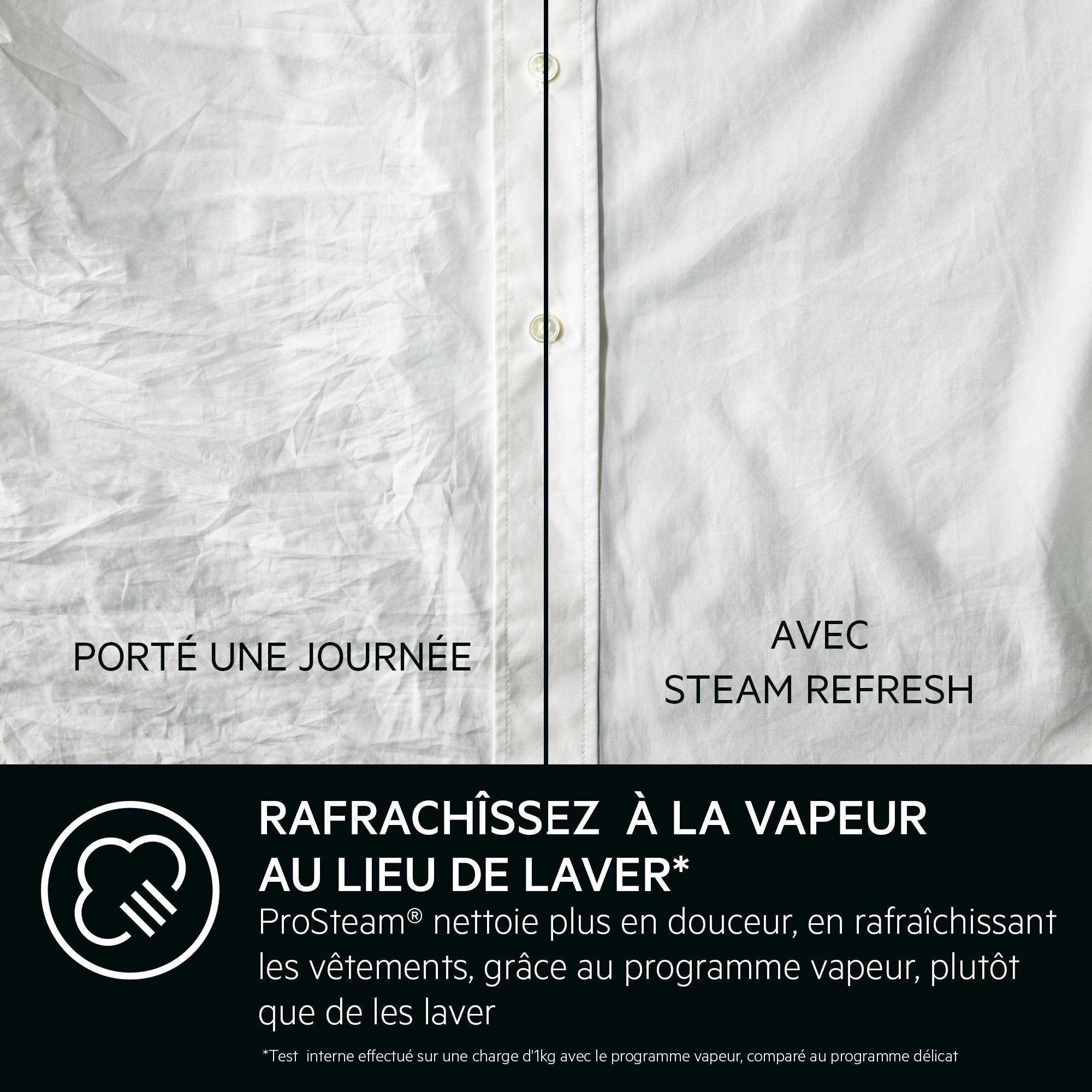 Comparaison de tissu blanc froissé et lisse, texte en français sur le rafraîchissement à la vapeur.