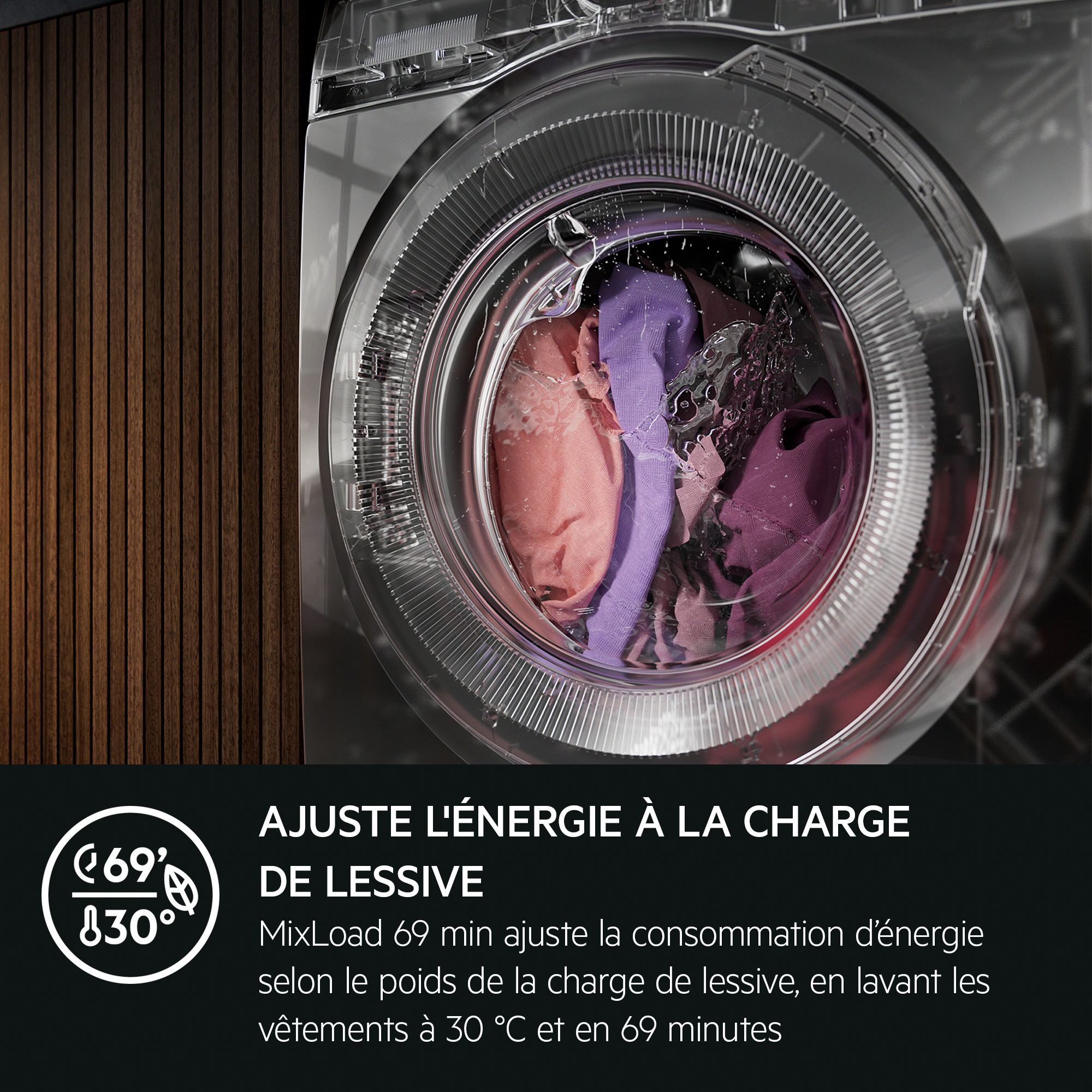 Affichage de la machine à laver. Texte : 'Ajuster l'énergie à la charge'. Il affiche 69 minutes à 30 degrés et la fonction MixLoad.